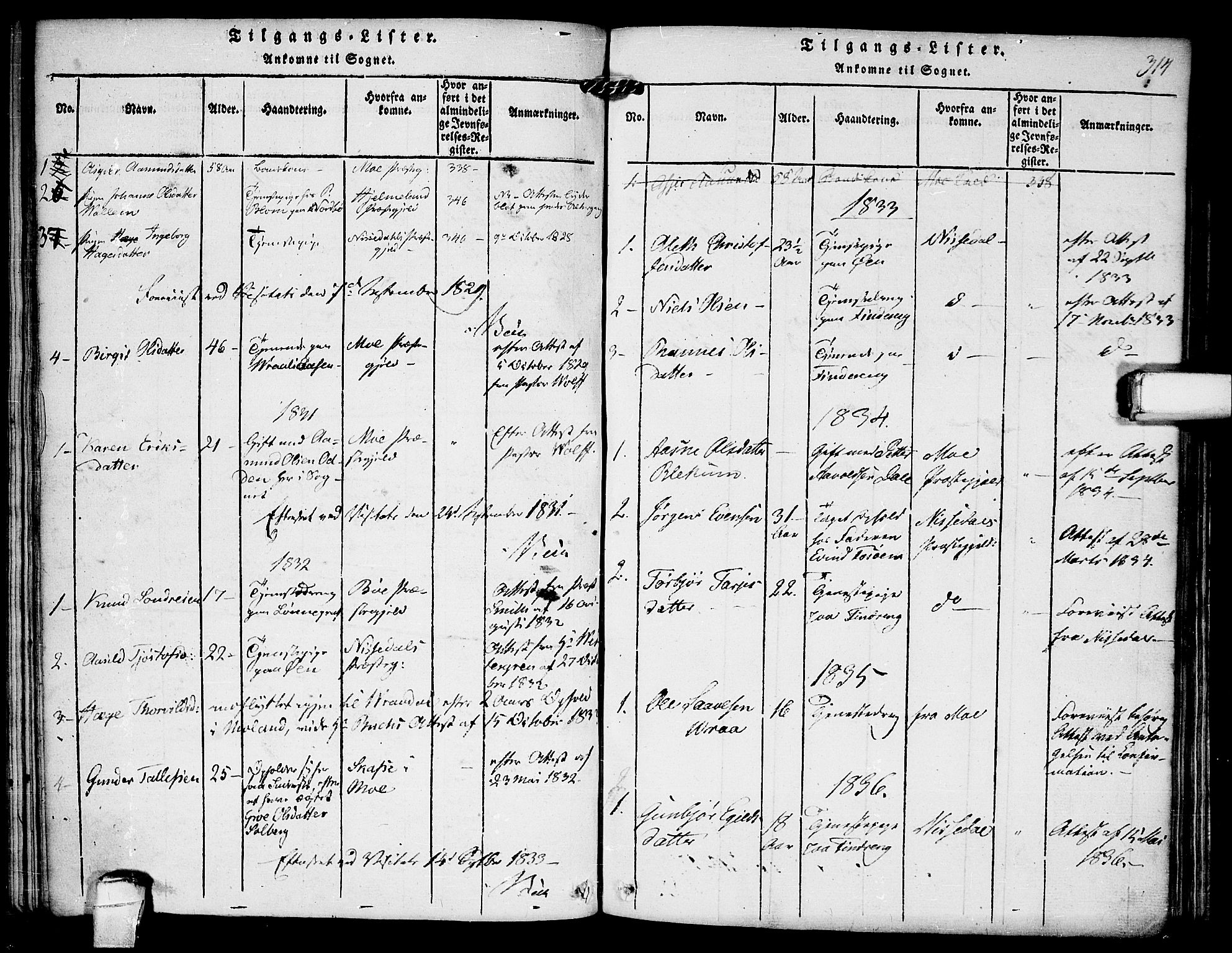 Kviteseid kirkebøker, AV/SAKO-A-276/F/Fc/L0001: Parish register (official) no. III 1, 1815-1836, p. 314