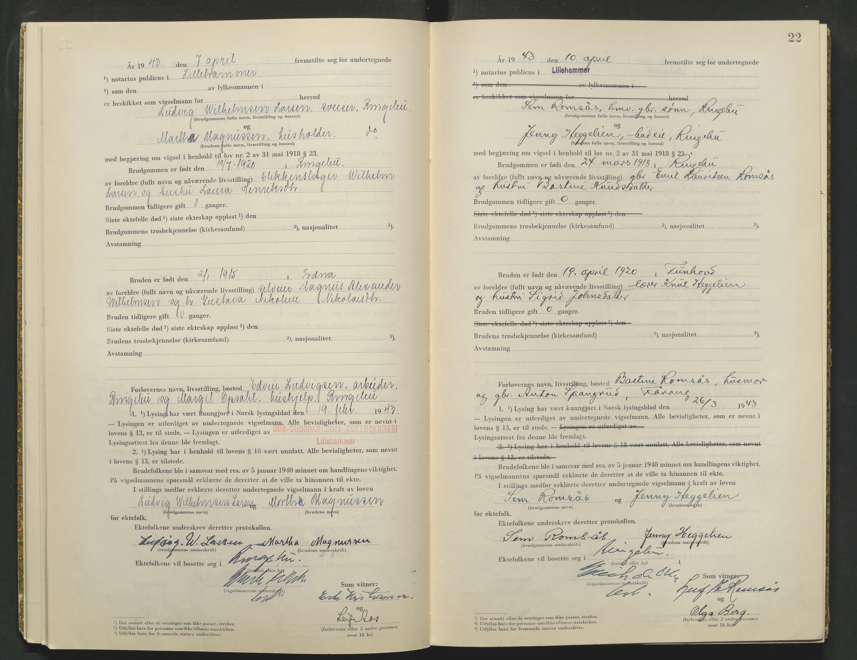 Sør-Gudbrandsdal tingrett, AV/SAH-TING-004/L/Lc/L0003: Vigselsprotokoll, 1943, p. 22