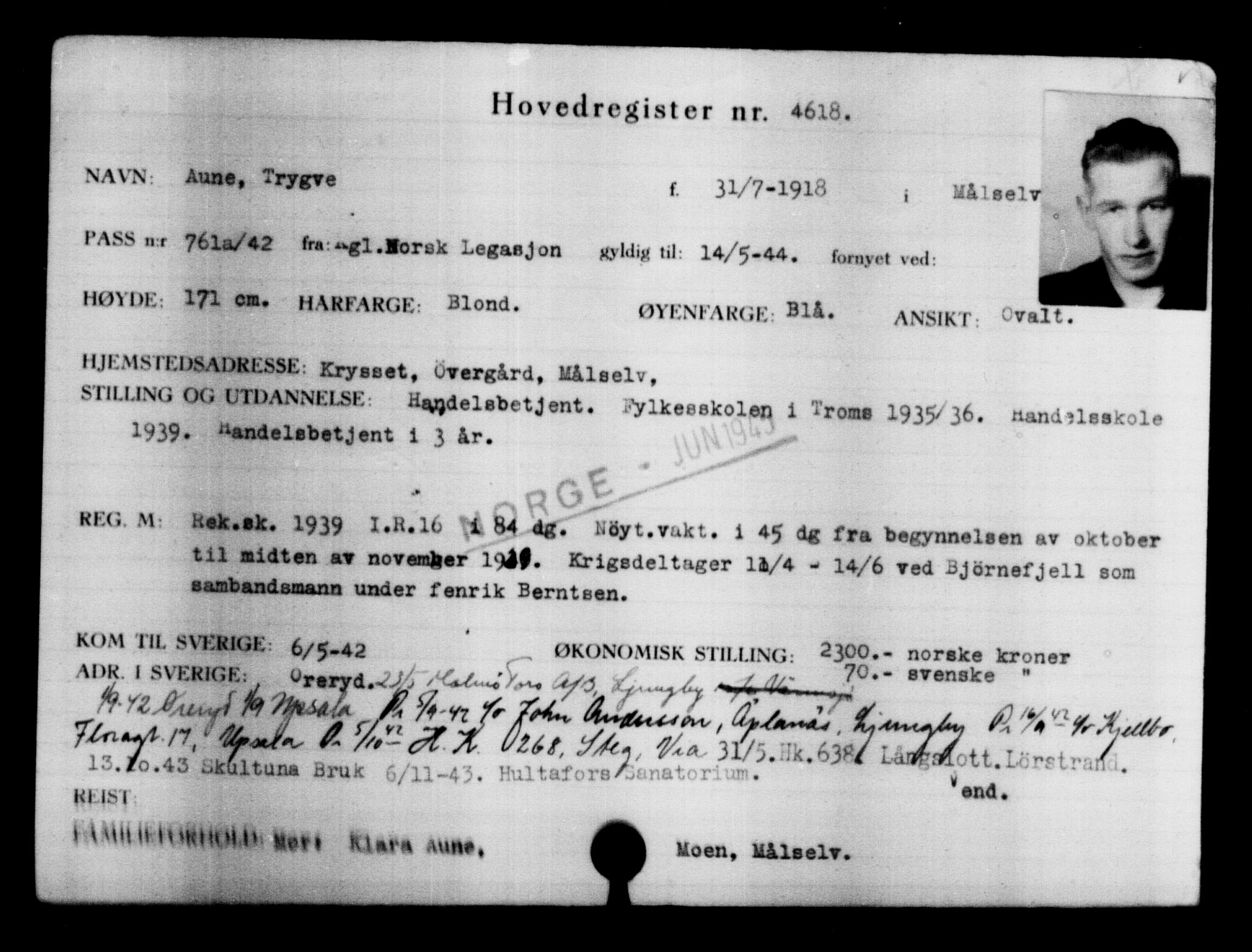 Utenriksstasjonene, Legasjonen i Stockholm, Flyktningkontoret, AV/RA-S-6753/V/Va/L0004: Kjesäterkartoteket, flyktninger med registreringsnr. 3496-6610, 1940-1945, p. 1332