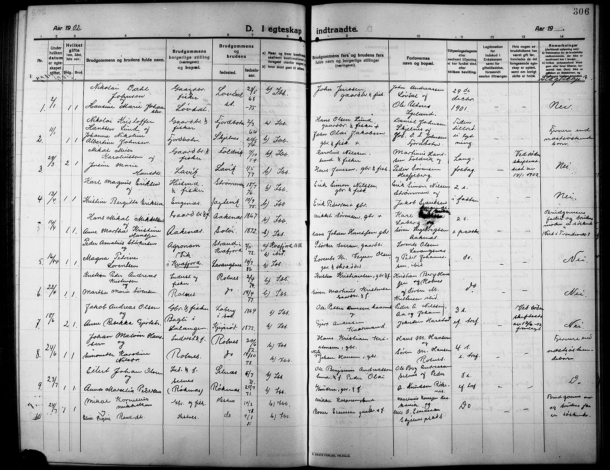 Ibestad sokneprestembete, AV/SATØ-S-0077/H/Ha/Hab/L0009klokker: Parish register (copy) no. 9, 1902-1914, p. 306