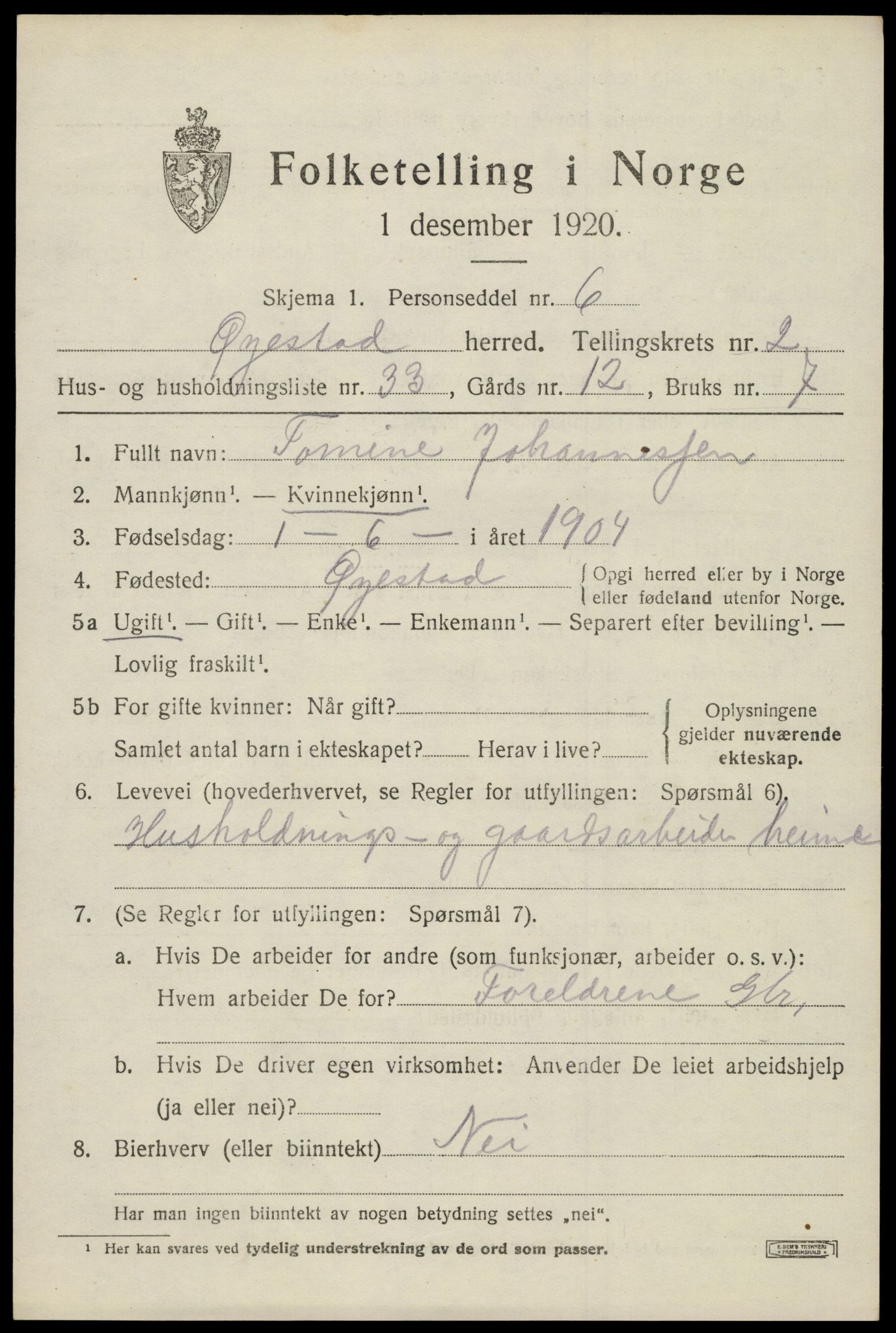 SAK, 1920 census for Øyestad, 1920, p. 2686