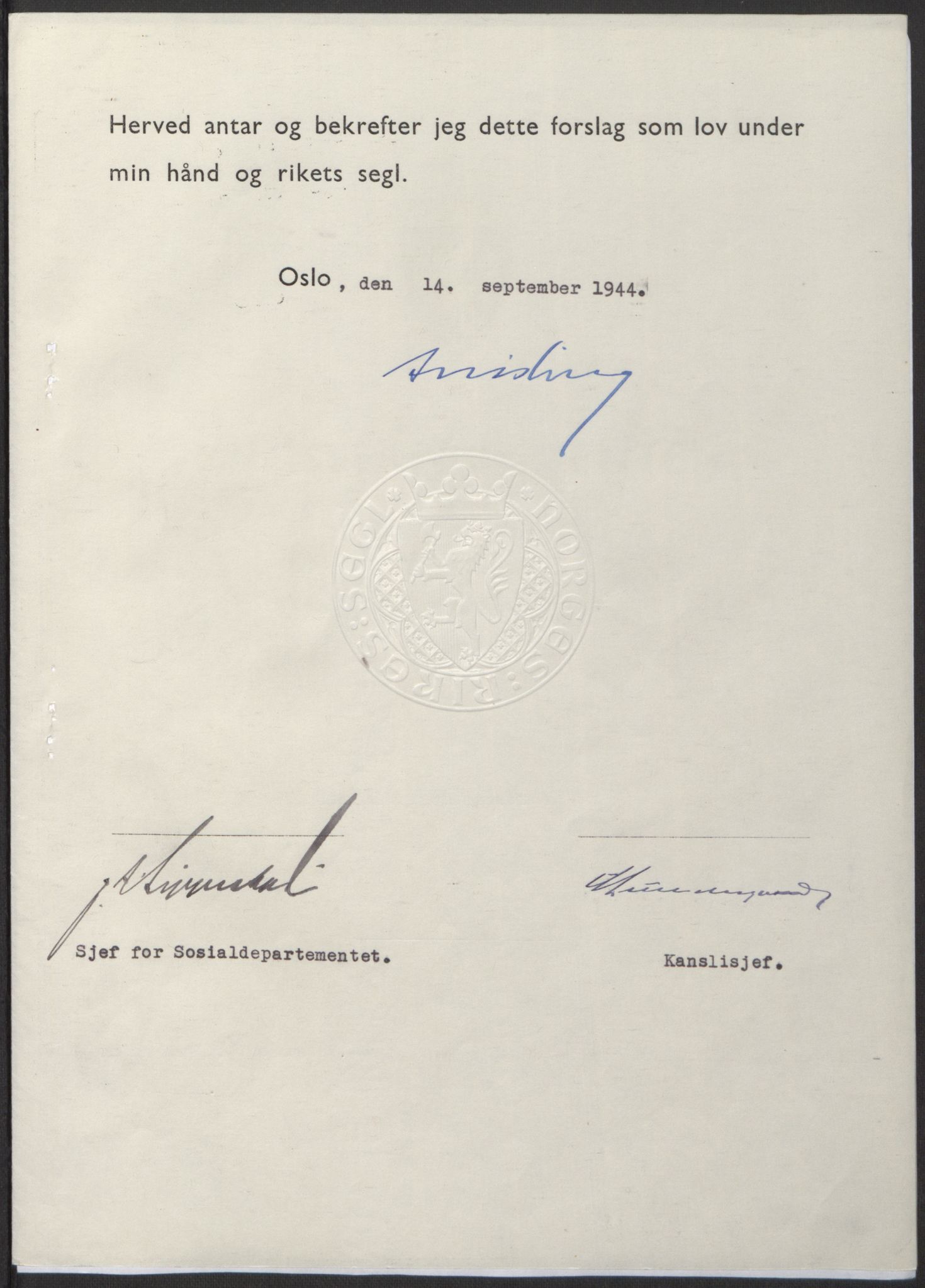 NS-administrasjonen 1940-1945 (Statsrådsekretariatet, de kommisariske statsråder mm), AV/RA-S-4279/D/Db/L0100: Lover, 1944, p. 429