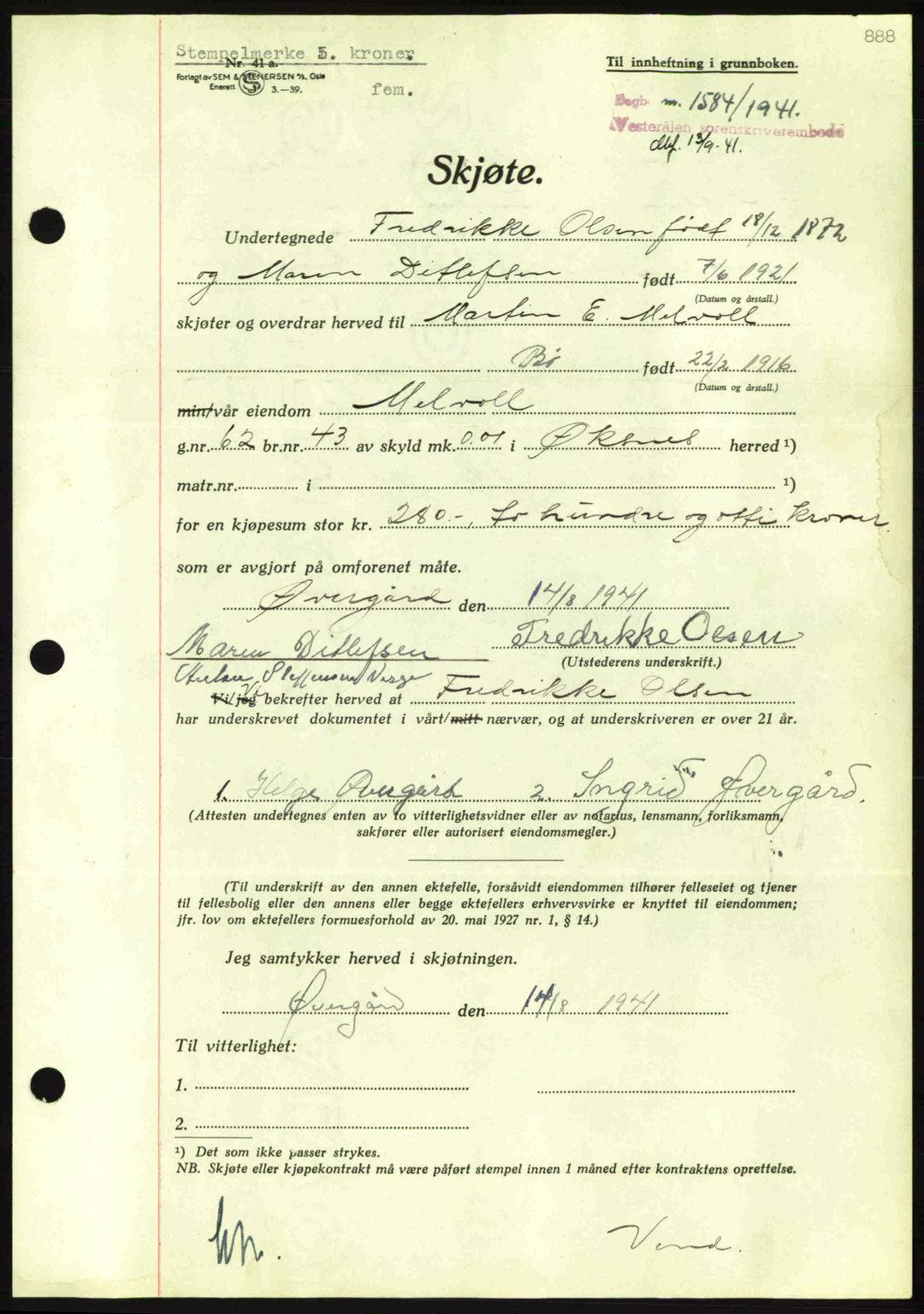 Vesterålen sorenskriveri, AV/SAT-A-4180/1/2/2Ca: Mortgage book no. A11, 1940-1941, Diary no: : 1584/1941