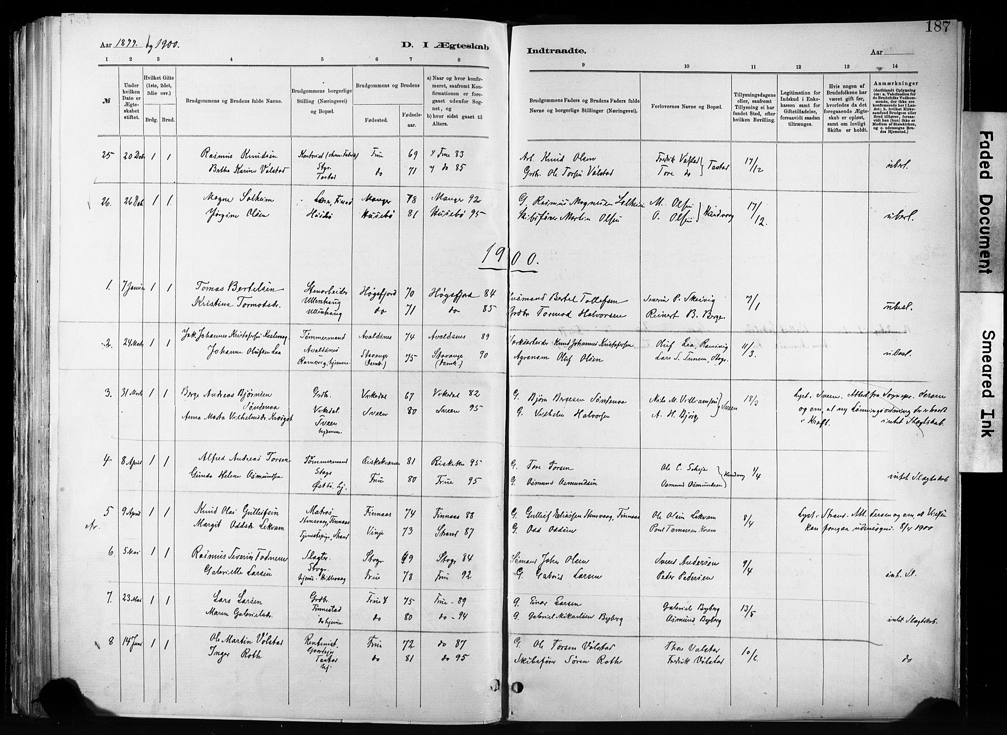 Hetland sokneprestkontor, AV/SAST-A-101826/30/30BA/L0011: Parish register (official) no. A 11, 1884-1911, p. 187