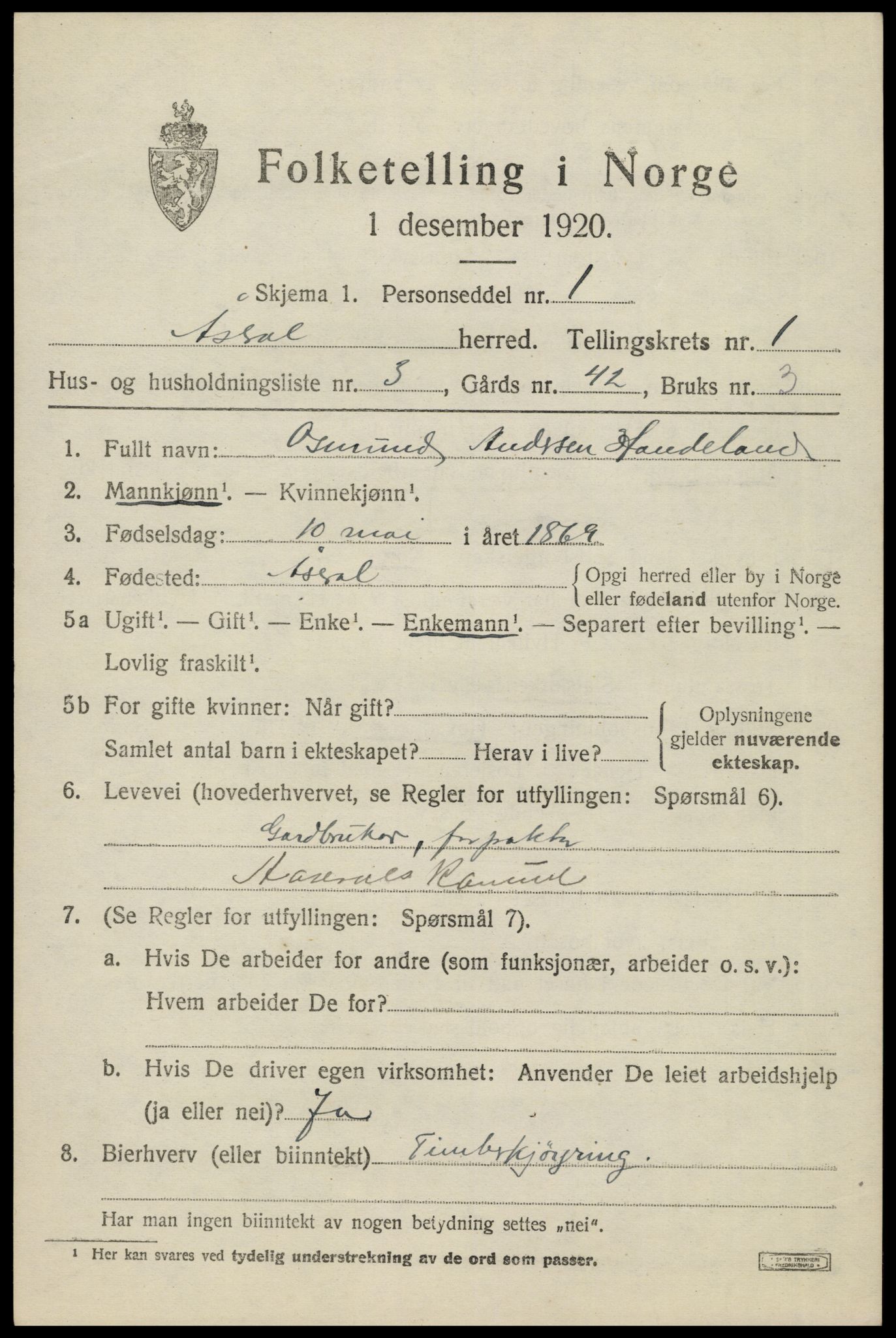 SAK, 1920 census for Åseral, 1920, p. 542