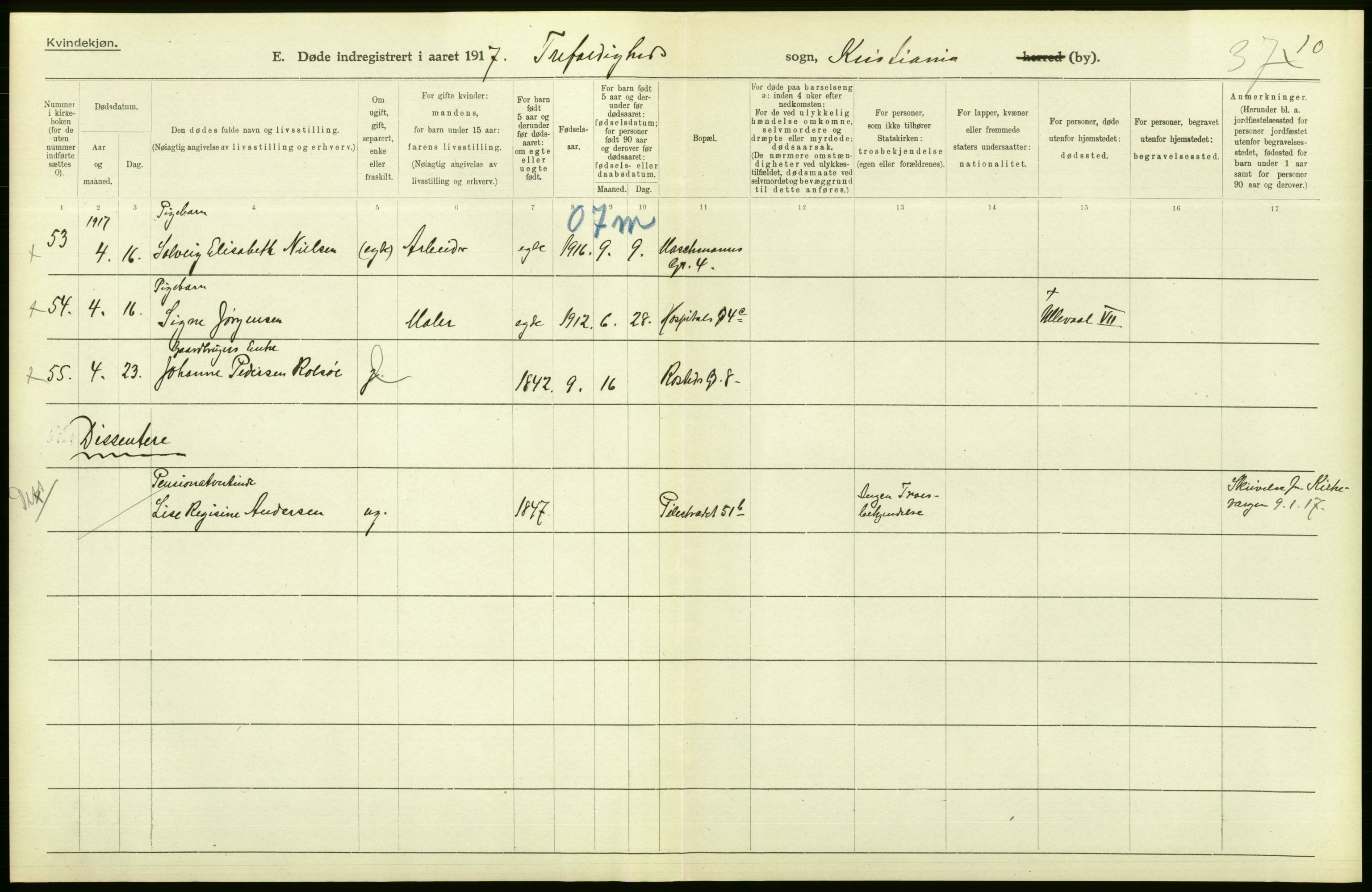 Statistisk sentralbyrå, Sosiodemografiske emner, Befolkning, AV/RA-S-2228/D/Df/Dfb/Dfbg/L0010: Kristiania: Døde, 1917, p. 36