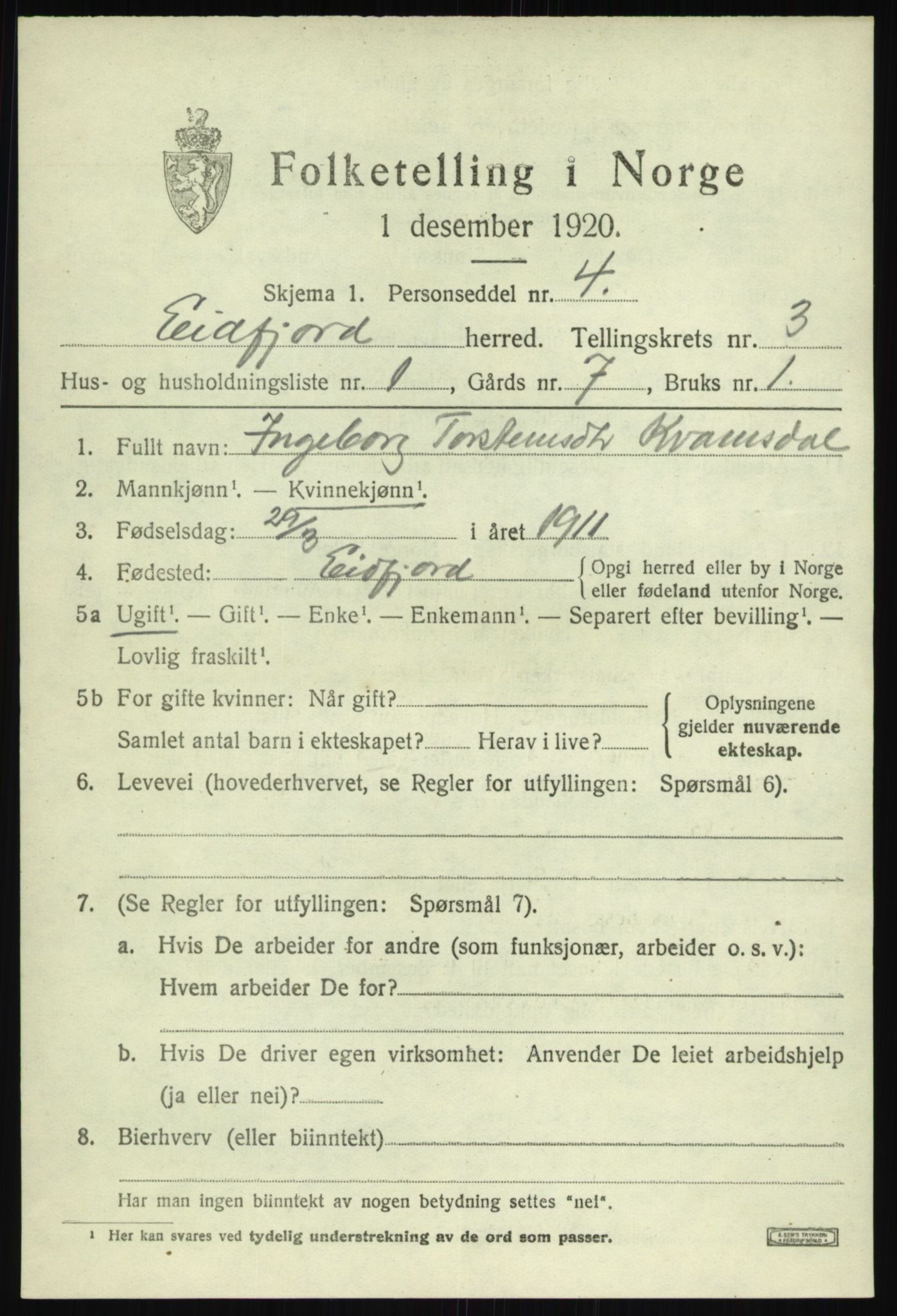 SAB, 1920 census for Eidfjord, 1920, p. 998