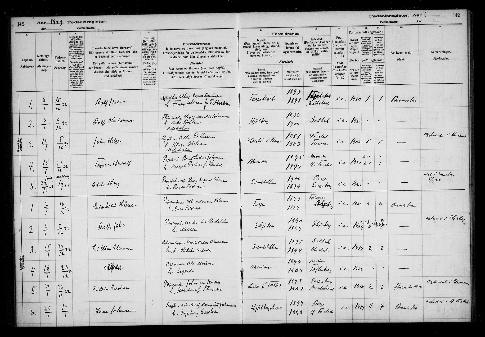 Borge prestekontor Kirkebøker, AV/SAO-A-10903/J/Ja/L0001: Birth register no. I 1, 1916-1925, p. 142