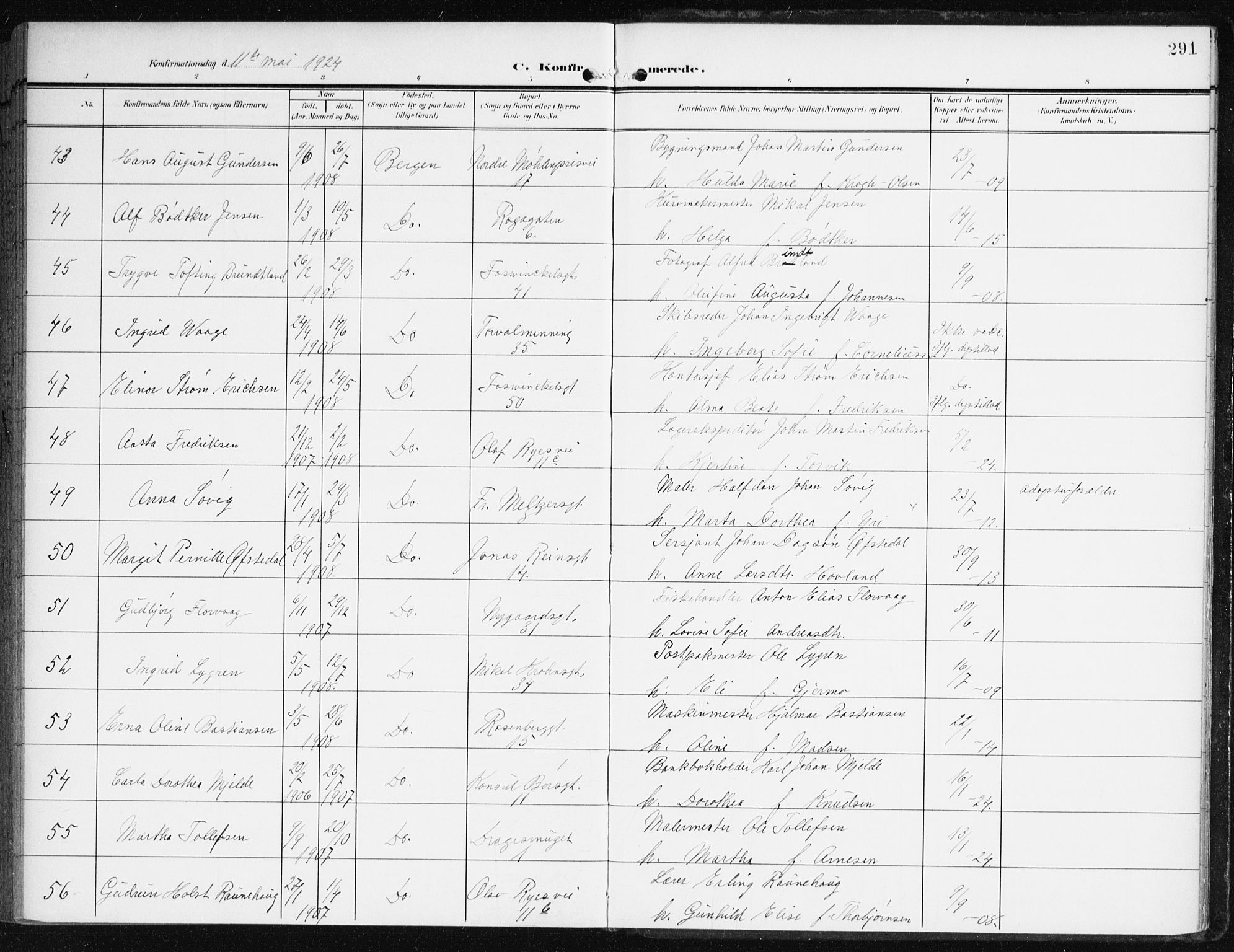 Johanneskirken sokneprestembete, AV/SAB-A-76001/H/Haa/L0009: Parish register (official) no. C 2, 1907-1924, p. 291