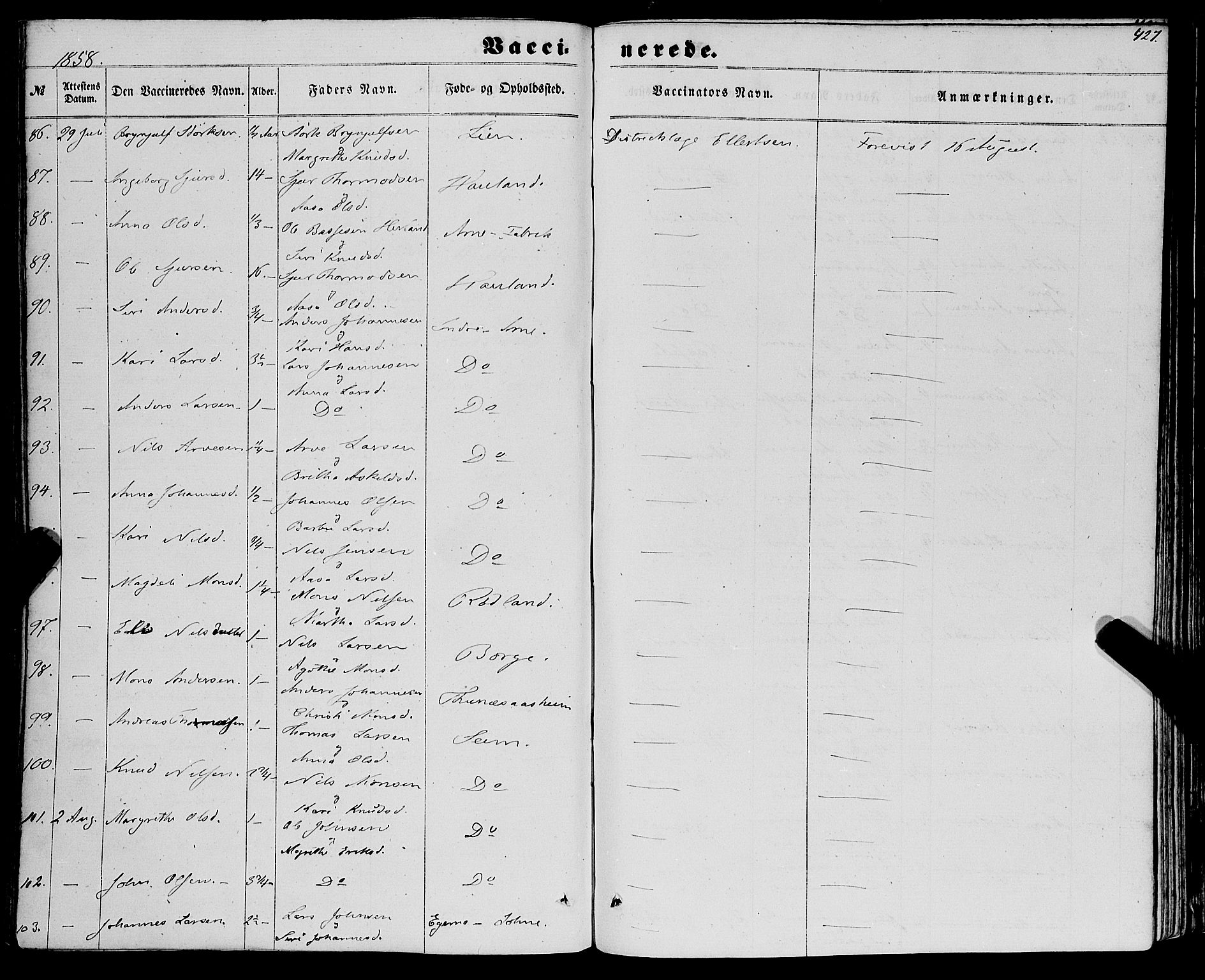 Haus sokneprestembete, AV/SAB-A-75601/H/Haa: Parish register (official) no. A 17, 1858-1870, p. 427