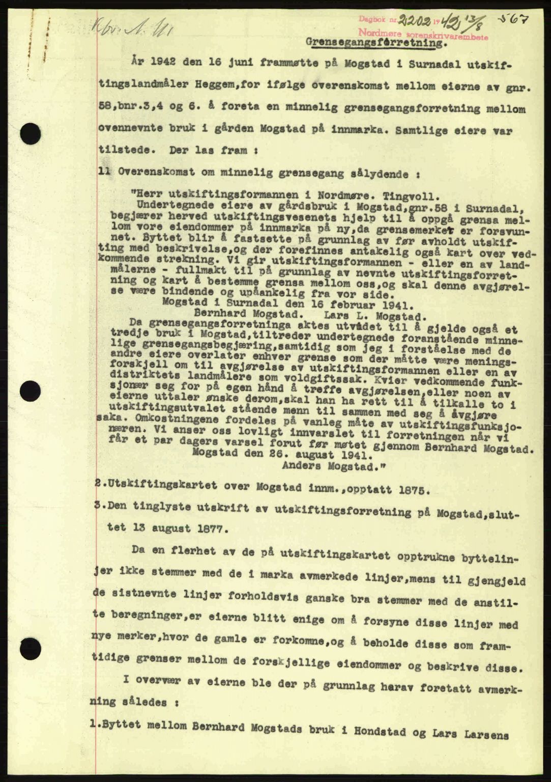 Nordmøre sorenskriveri, AV/SAT-A-4132/1/2/2Ca: Mortgage book no. A93, 1942-1942, Diary no: : 2202/1942