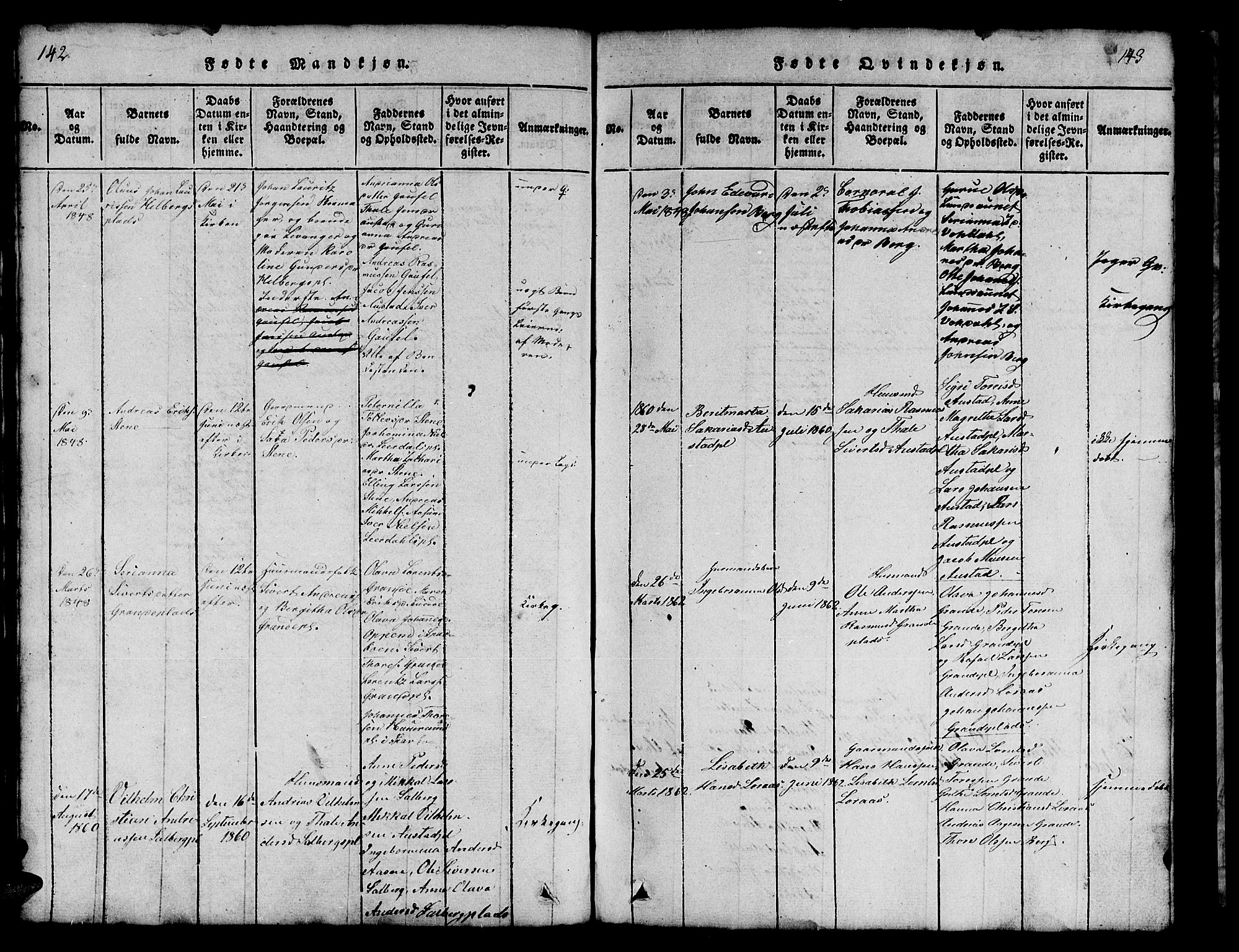 Ministerialprotokoller, klokkerbøker og fødselsregistre - Nord-Trøndelag, AV/SAT-A-1458/731/L0310: Parish register (copy) no. 731C01, 1816-1874, p. 142-143