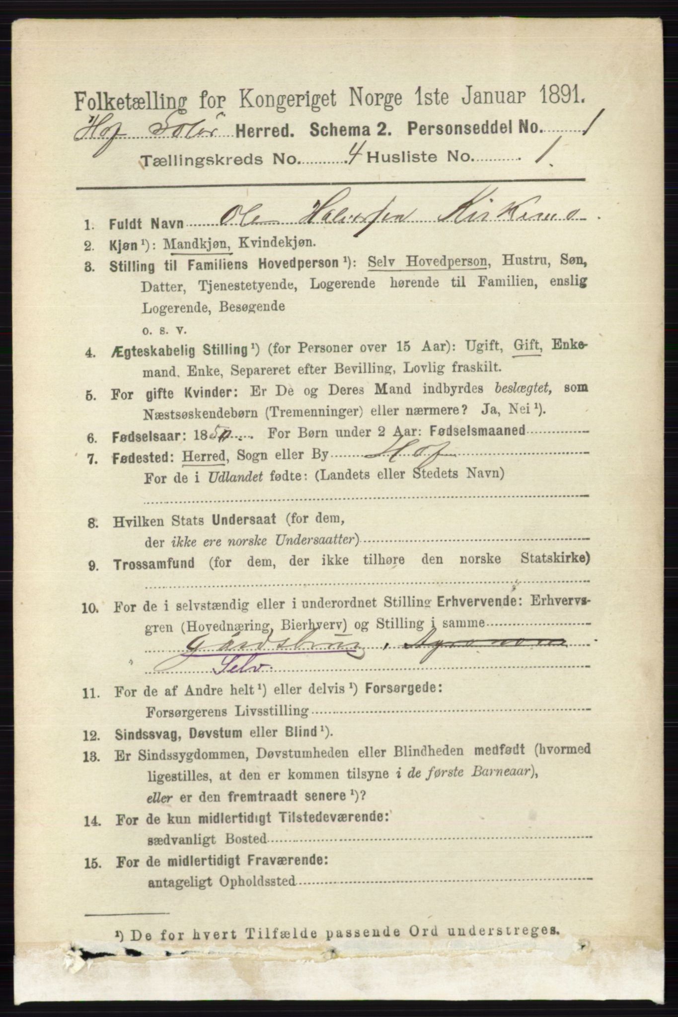 RA, 1891 census for 0424 Hof, 1891, p. 1440