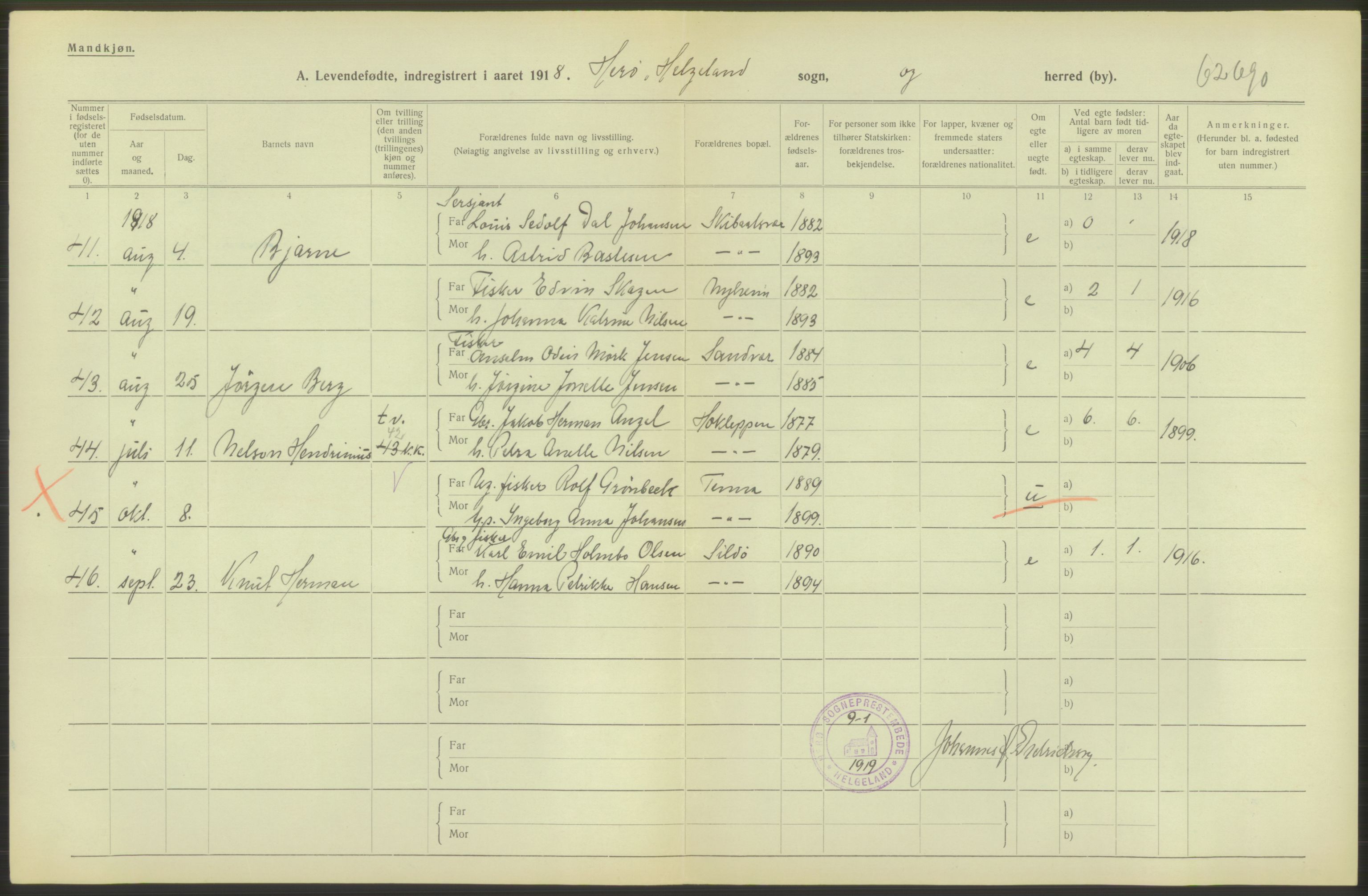 Statistisk sentralbyrå, Sosiodemografiske emner, Befolkning, RA/S-2228/D/Df/Dfb/Dfbh/L0052: Nordland fylke: Levendefødte menn og kvinner. Bygder., 1918, p. 100