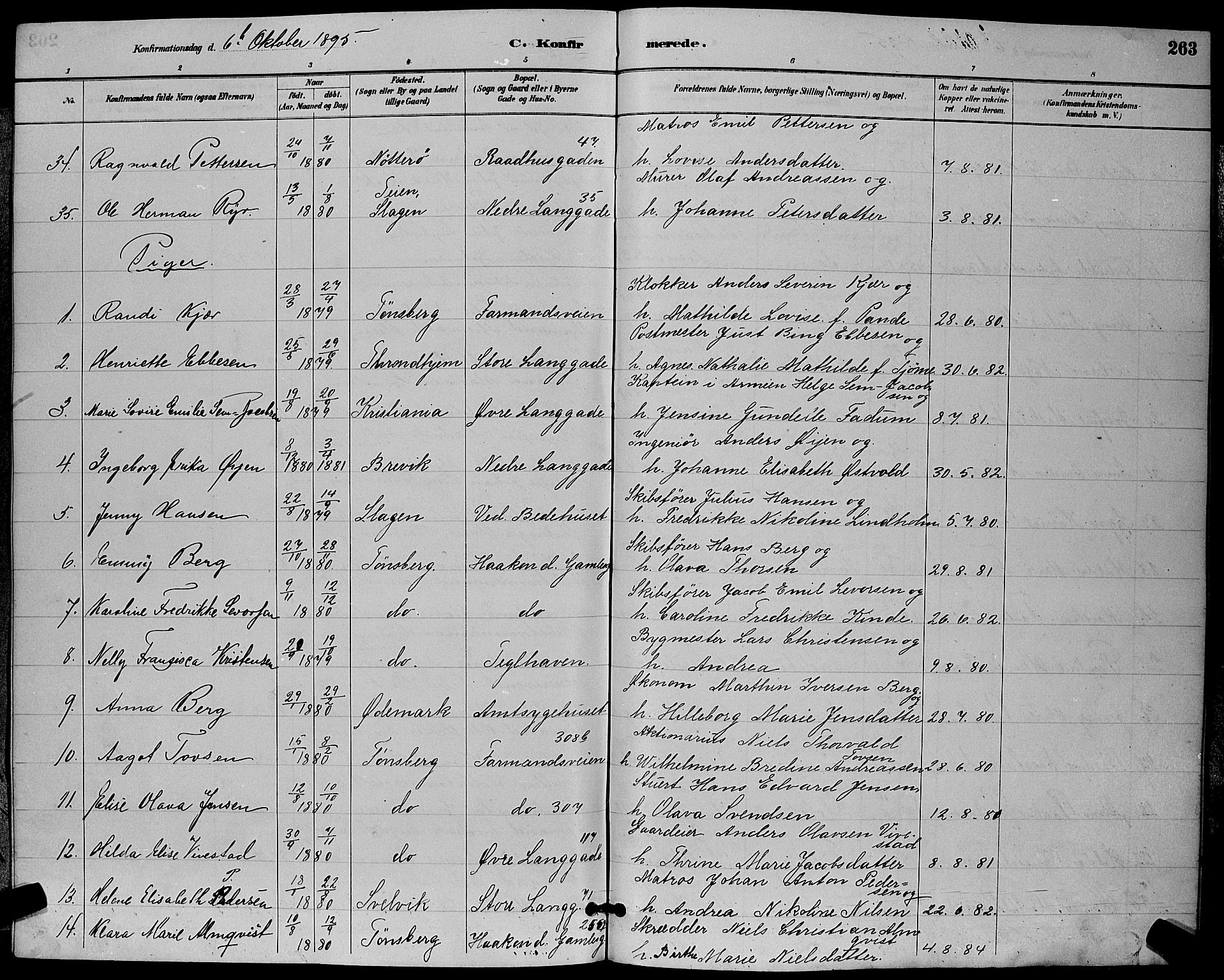 Tønsberg kirkebøker, AV/SAKO-A-330/G/Ga/L0006: Parish register (copy) no. 6, 1885-1895, p. 263