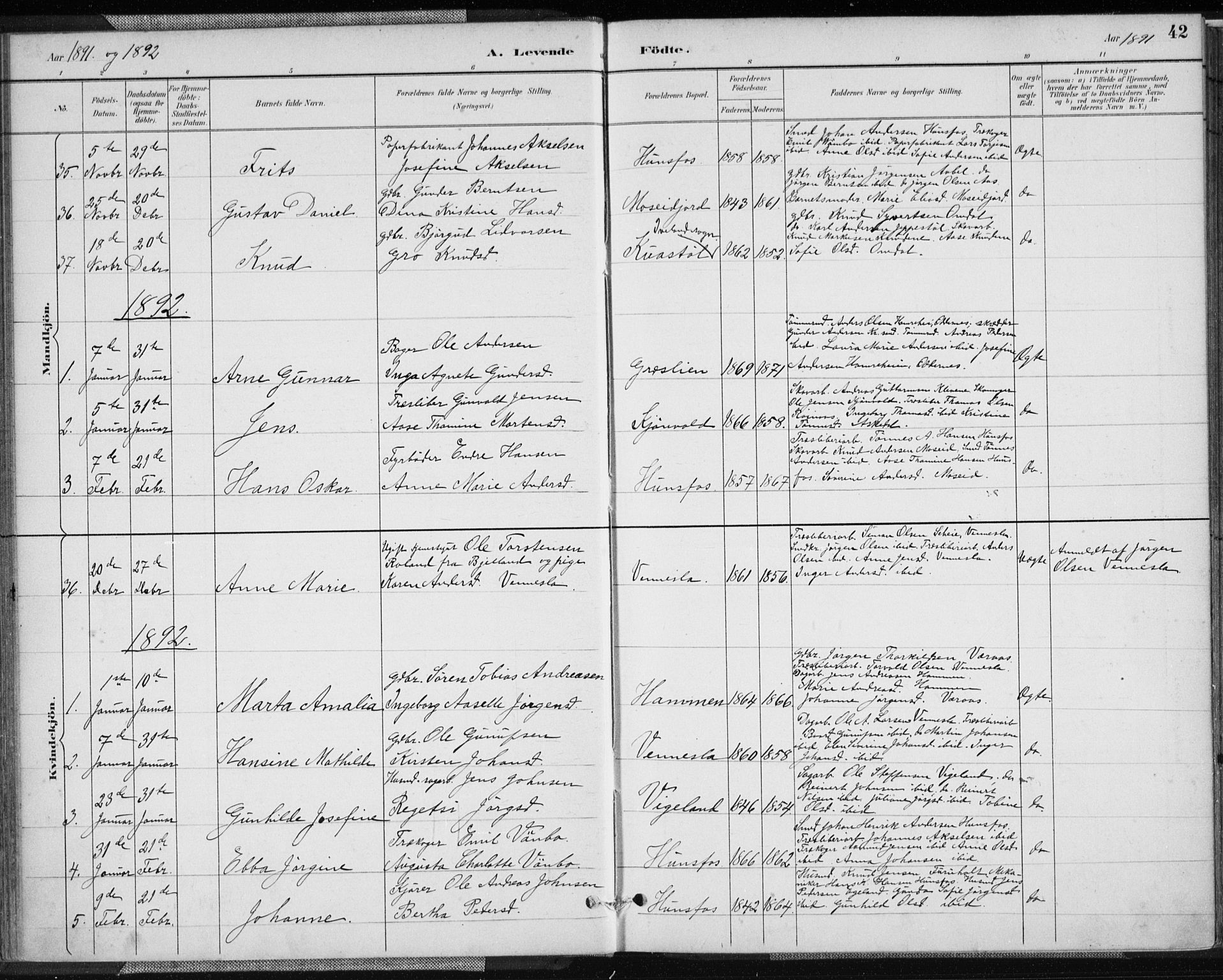 Vennesla sokneprestkontor, AV/SAK-1111-0045/Fa/Fab/L0004: Parish register (official) no. A 4, 1884-1896, p. 42