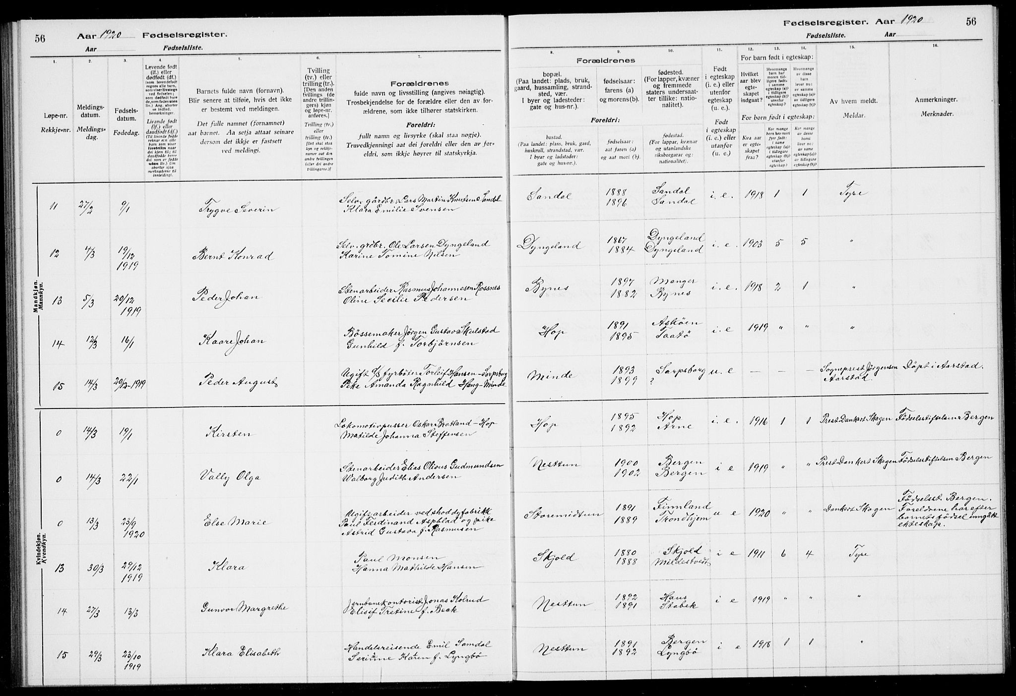 Birkeland Sokneprestembete, AV/SAB-A-74601/I/Id/L00A1: Birth register no. A 1, 1916-1926, p. 56