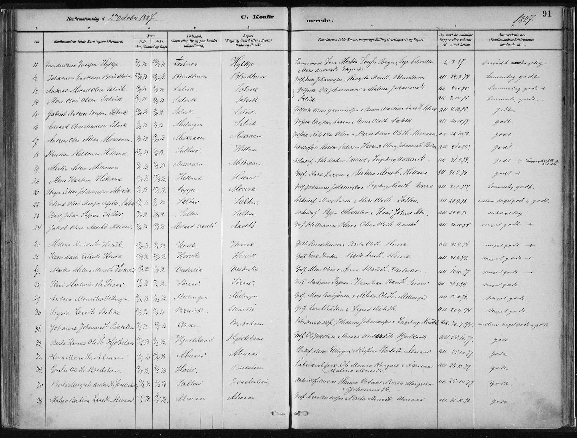 Hamre sokneprestembete, AV/SAB-A-75501/H/Ha/Haa/Haad/L0001: Parish register (official) no. D  1, 1882-1906, p. 91