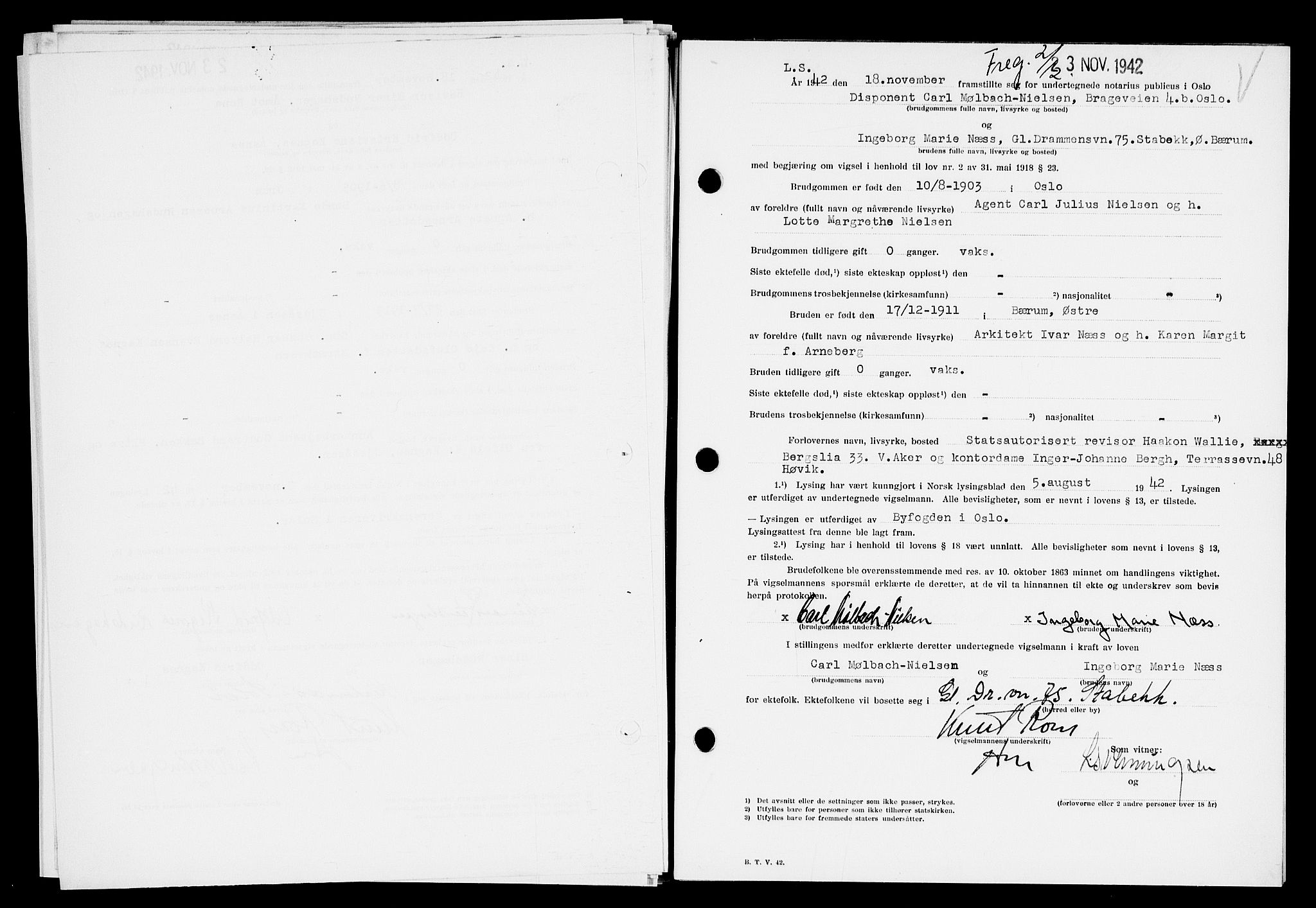 Oslo byfogd avd. I, AV/SAO-A-10220/L/Lb/Lbb/L0042: Notarialprotokoll, rekke II: Vigsler, 1942