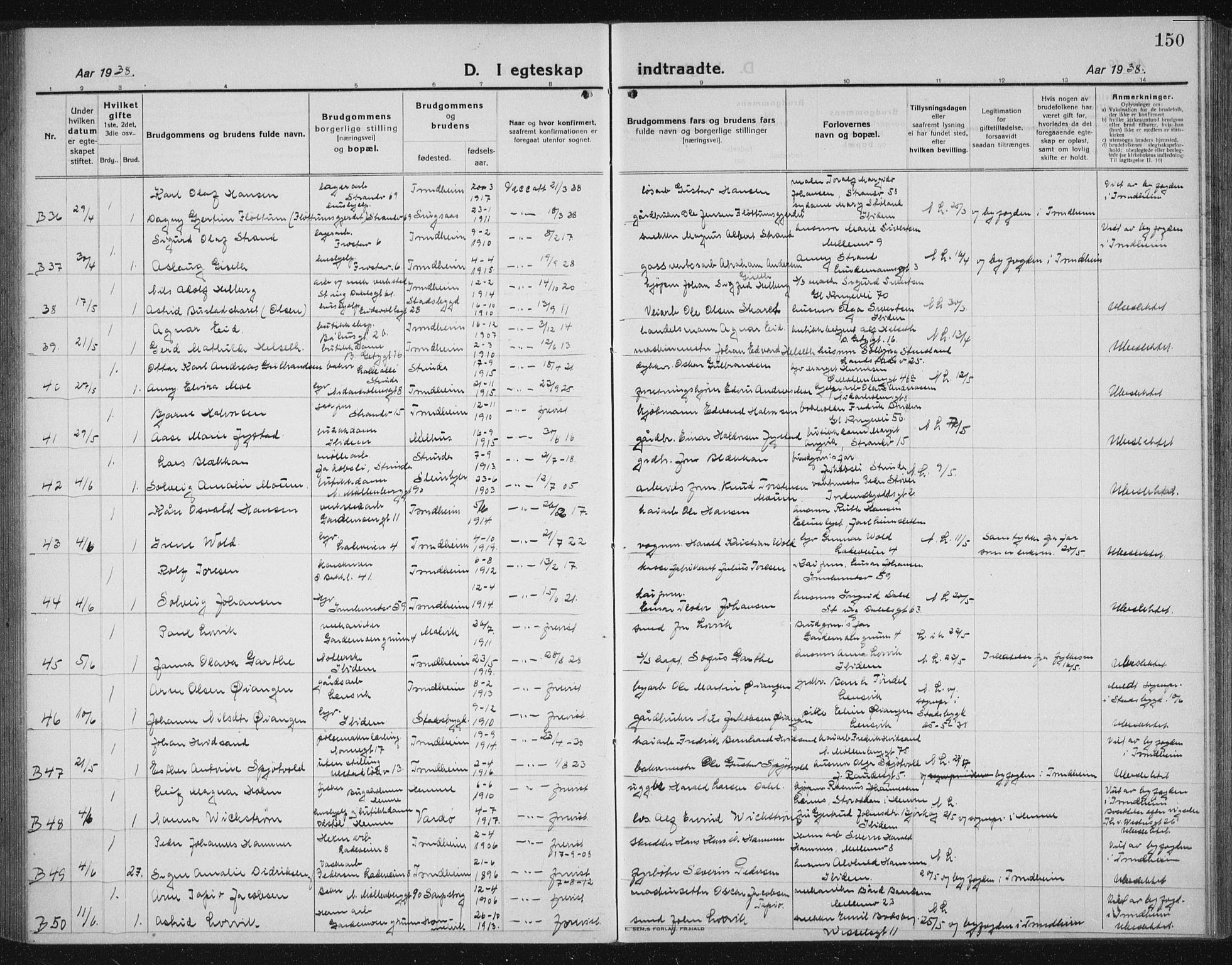 Ministerialprotokoller, klokkerbøker og fødselsregistre - Sør-Trøndelag, AV/SAT-A-1456/605/L0260: Parish register (copy) no. 605C07, 1922-1942, p. 150