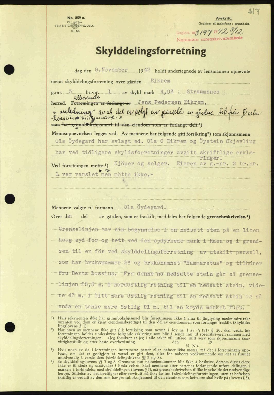 Nordmøre sorenskriveri, AV/SAT-A-4132/1/2/2Ca: Mortgage book no. A94, 1942-1943, Diary no: : 3197/1942