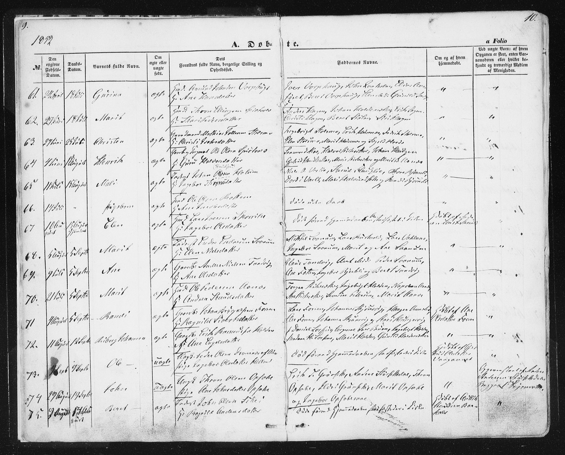 Ministerialprotokoller, klokkerbøker og fødselsregistre - Sør-Trøndelag, AV/SAT-A-1456/630/L0494: Parish register (official) no. 630A07, 1852-1868, p. 9-10