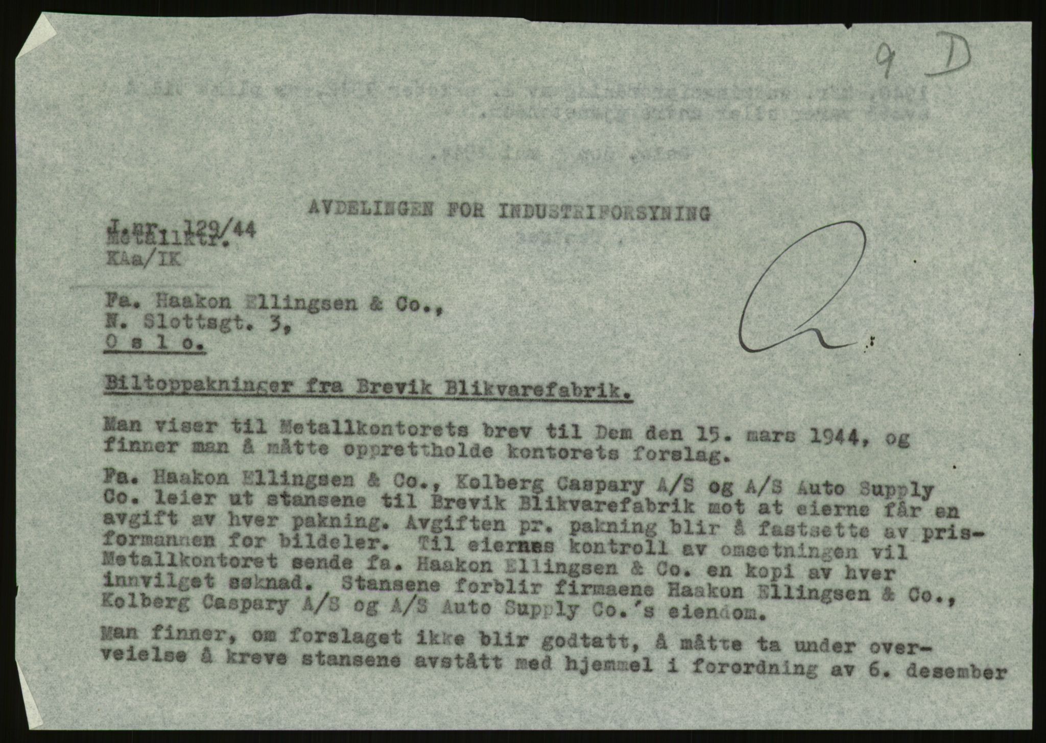 Direktoratet for industriforsyning, Sekretariatet, AV/RA-S-4153/D/Df/L0054: 9. Metallkontoret, 1940-1945, p. 409