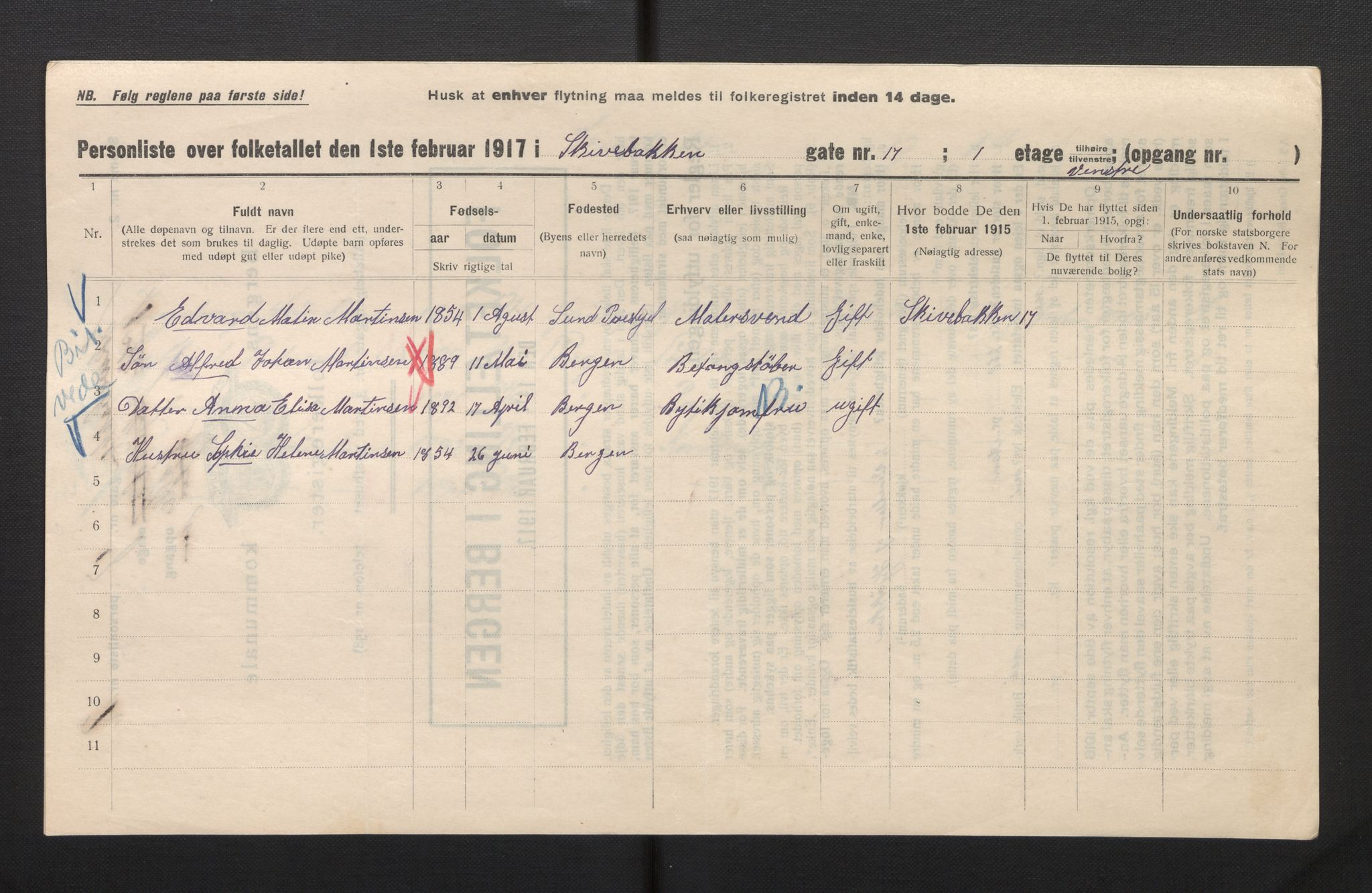 SAB, Municipal Census 1917 for Bergen, 1917, p. 34725