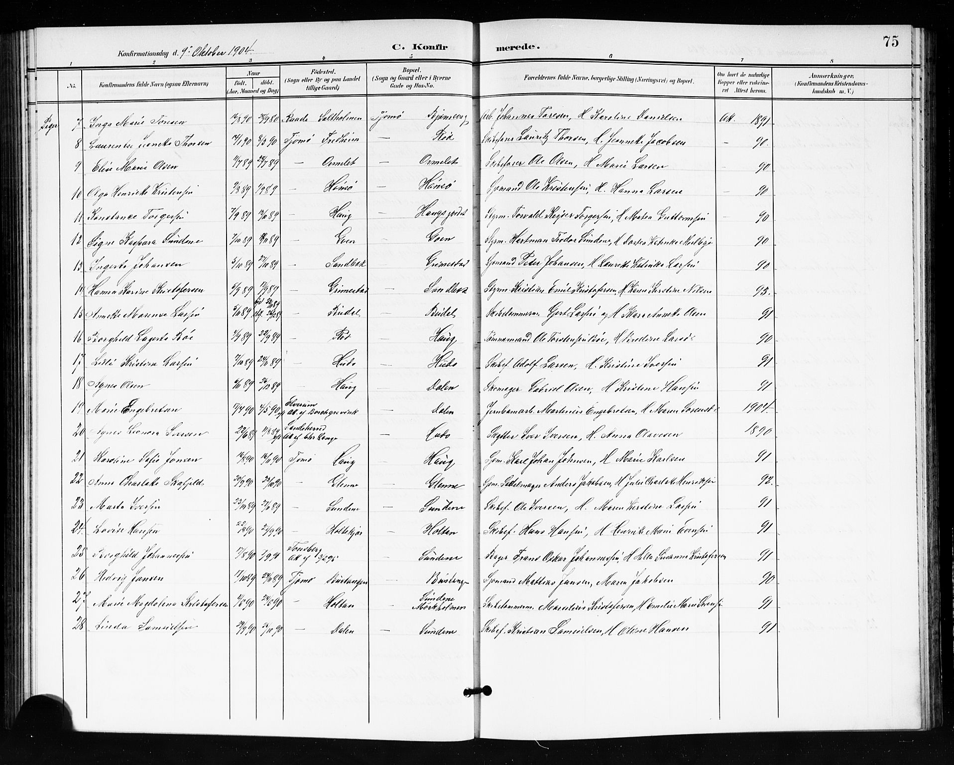 Tjøme kirkebøker, SAKO/A-328/G/Ga/L0001: Parish register (copy) no. 1, 1901-1910, p. 75