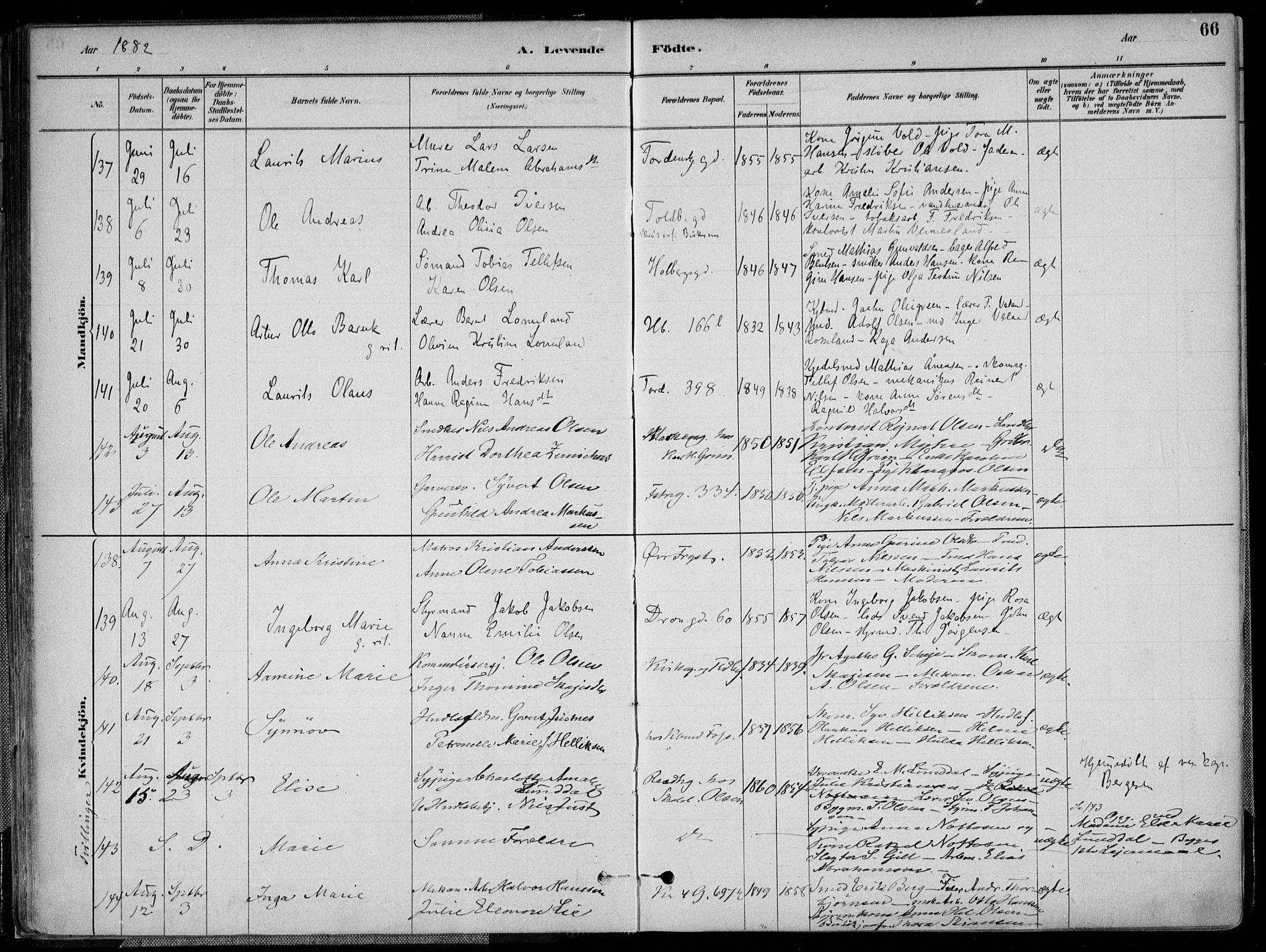 Kristiansand domprosti, SAK/1112-0006/F/Fa/L0016: Parish register (official) no. A 16A, 1880-1890, p. 66