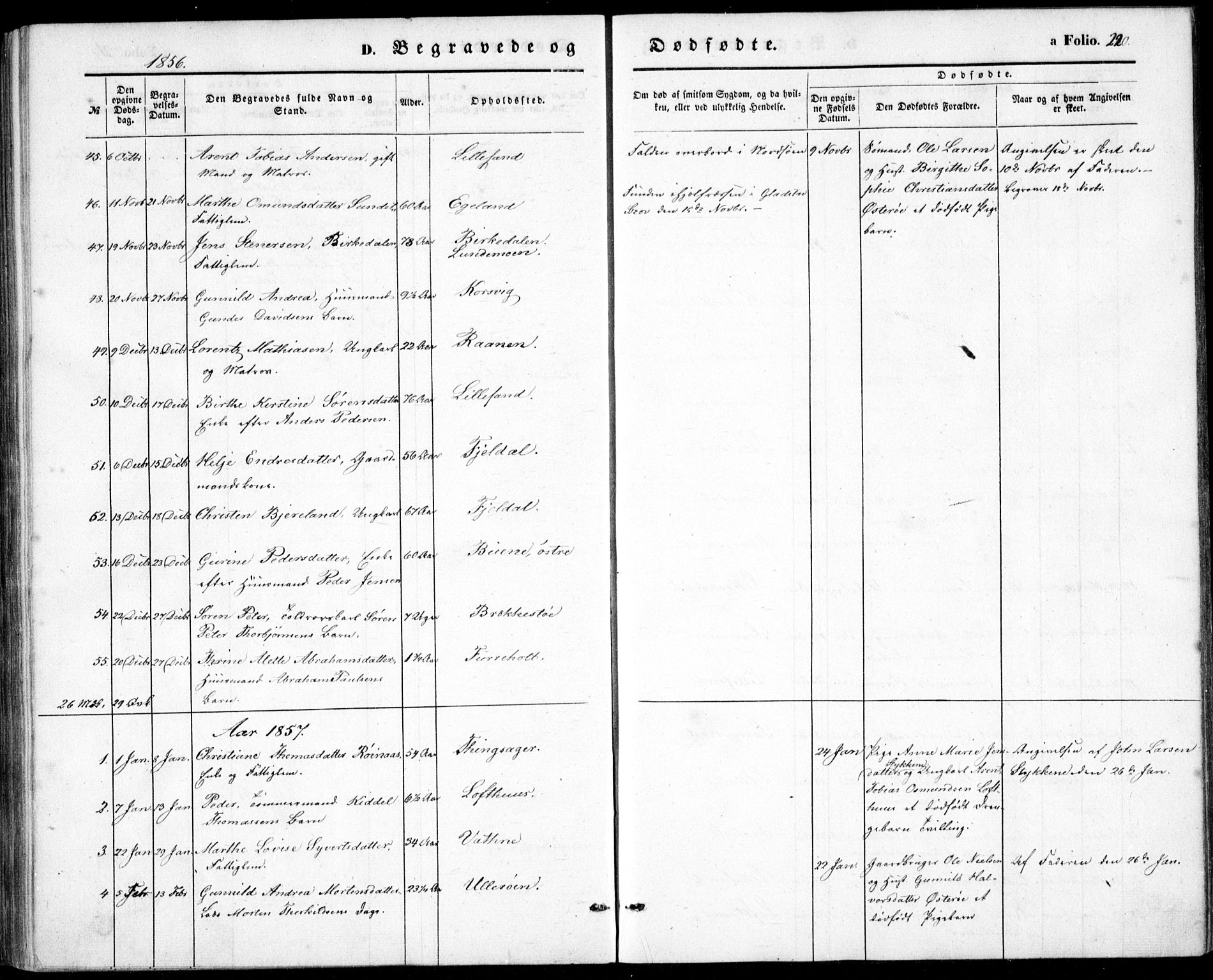 Vestre Moland sokneprestkontor, SAK/1111-0046/F/Fb/Fbb/L0003: Parish register (copy) no. B 3, 1851-1861, p. 220