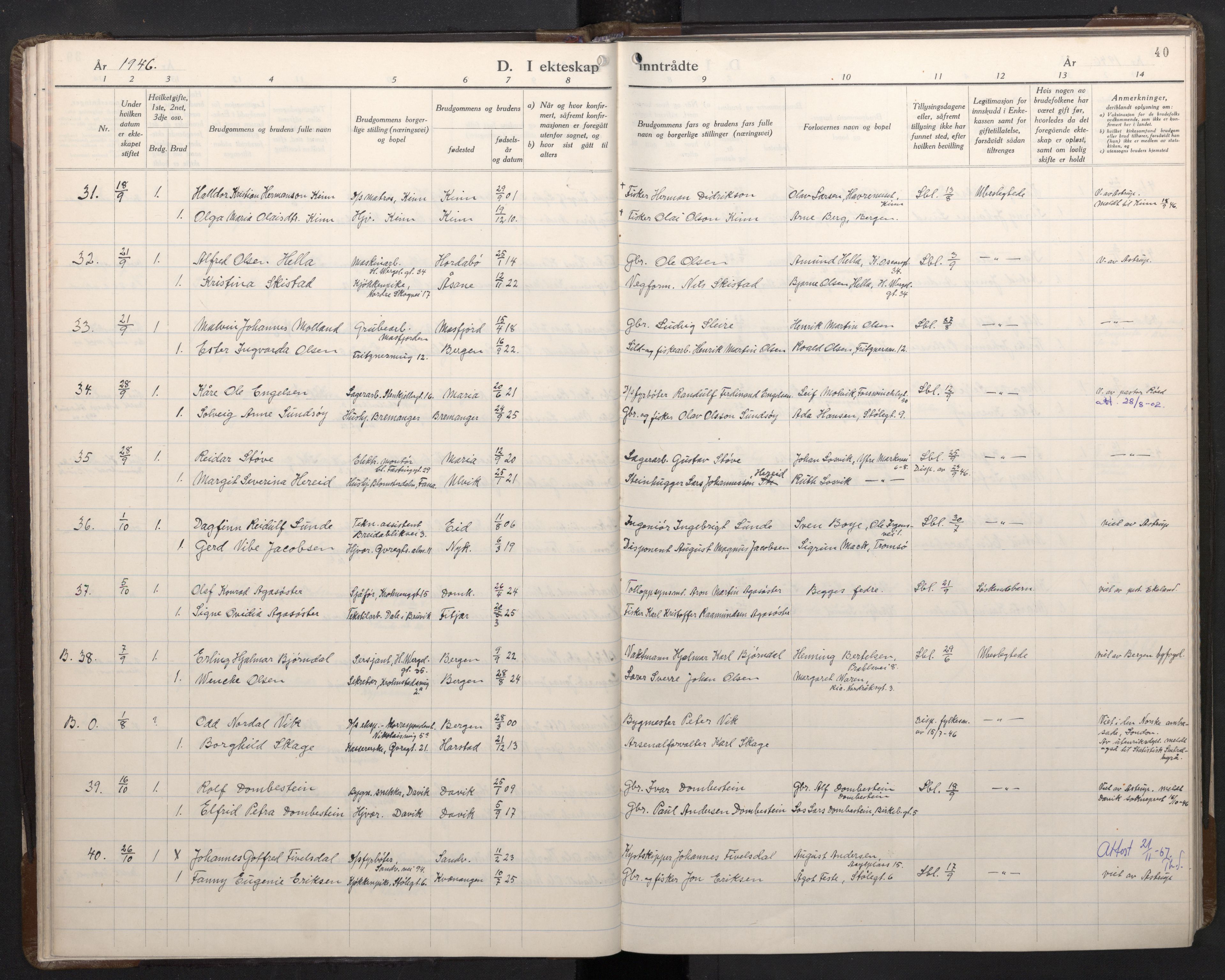 Mariakirken Sokneprestembete, SAB/A-76901/H/Haa/L0019: Parish register (official) no. D 1, 1939-1963, p. 39b-40a