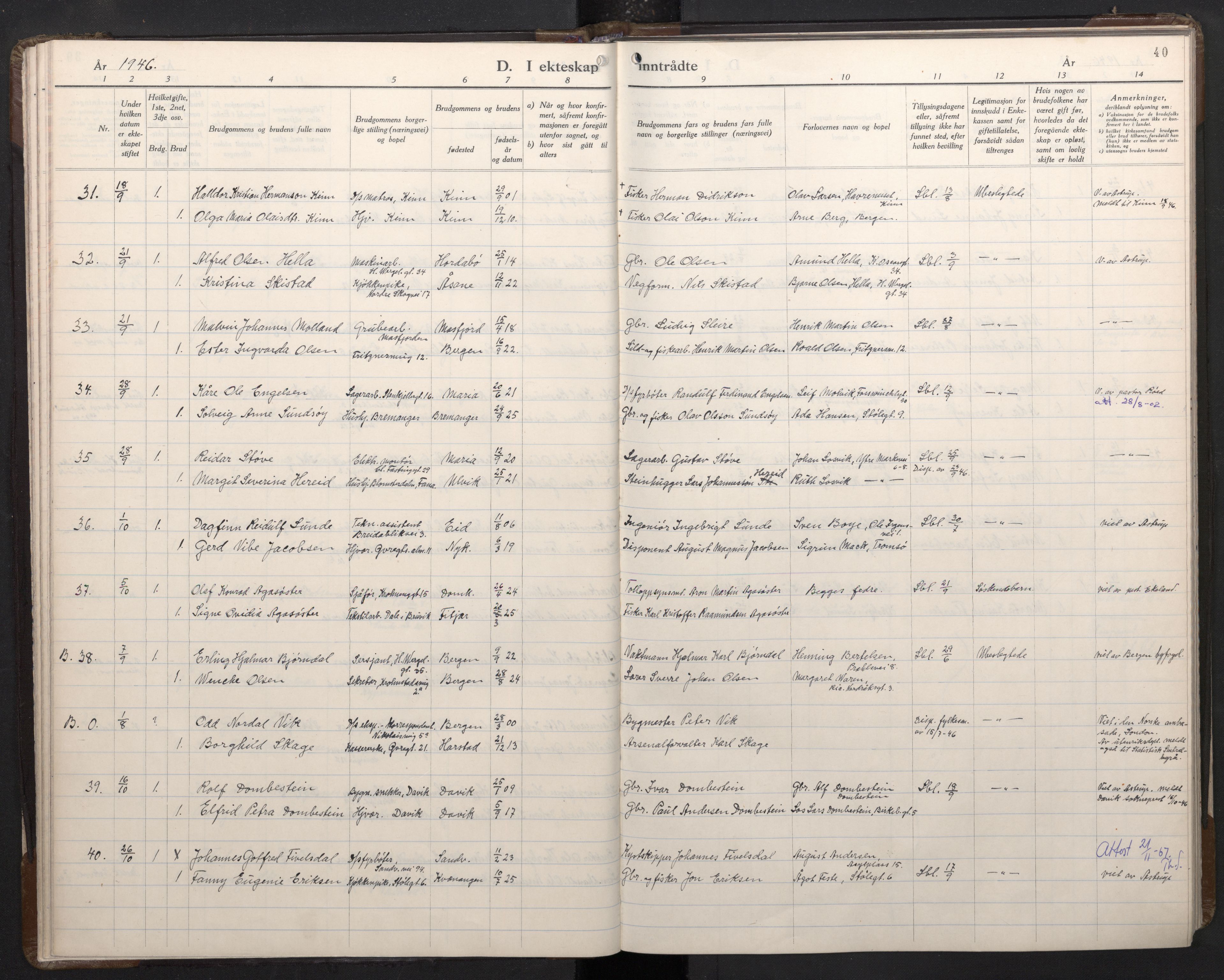 Mariakirken Sokneprestembete, AV/SAB-A-76901/H/Haa/L0019: Parish register (official) no. D 1, 1939-1963, p. 39b-40a