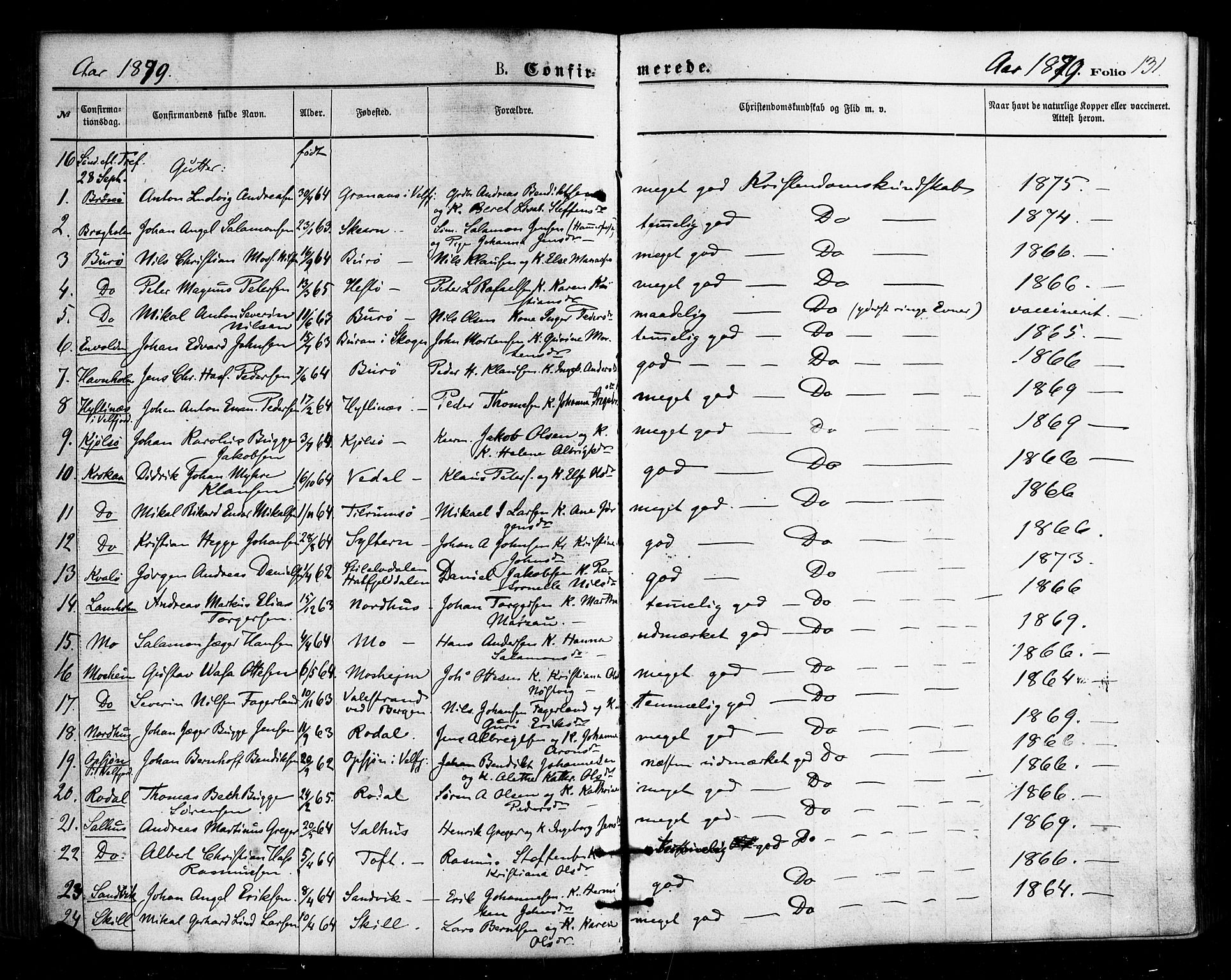 Ministerialprotokoller, klokkerbøker og fødselsregistre - Nordland, SAT/A-1459/813/L0199: Parish register (official) no. 813A09, 1875-1885, p. 131
