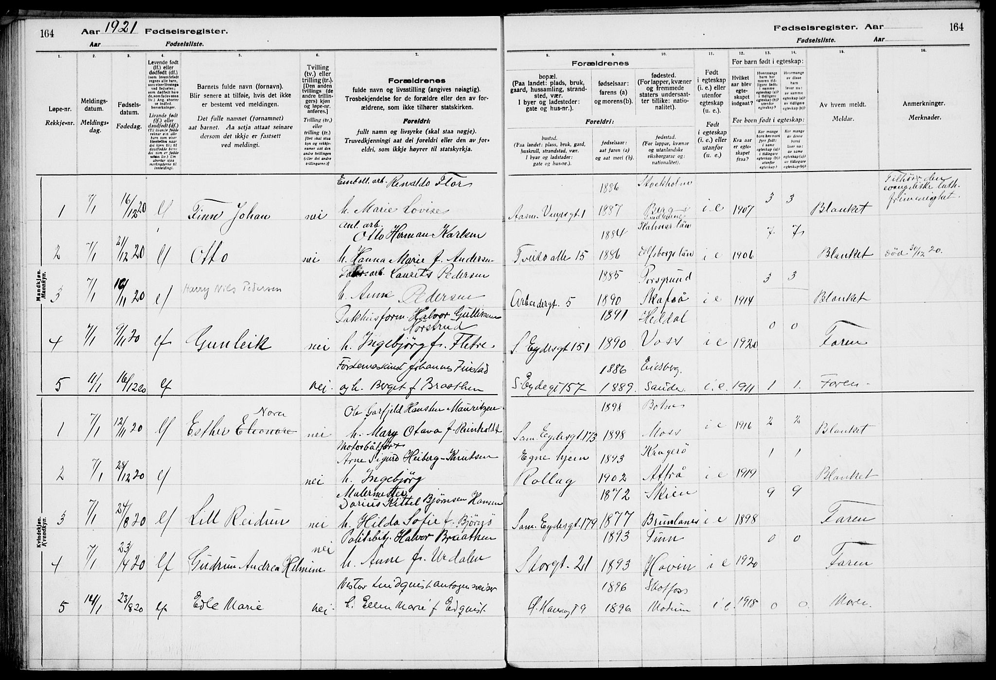 Rjukan kirkebøker, SAKO/A-294/J/Ja/L0001: Birth register no. 1, 1916-1922, p. 164