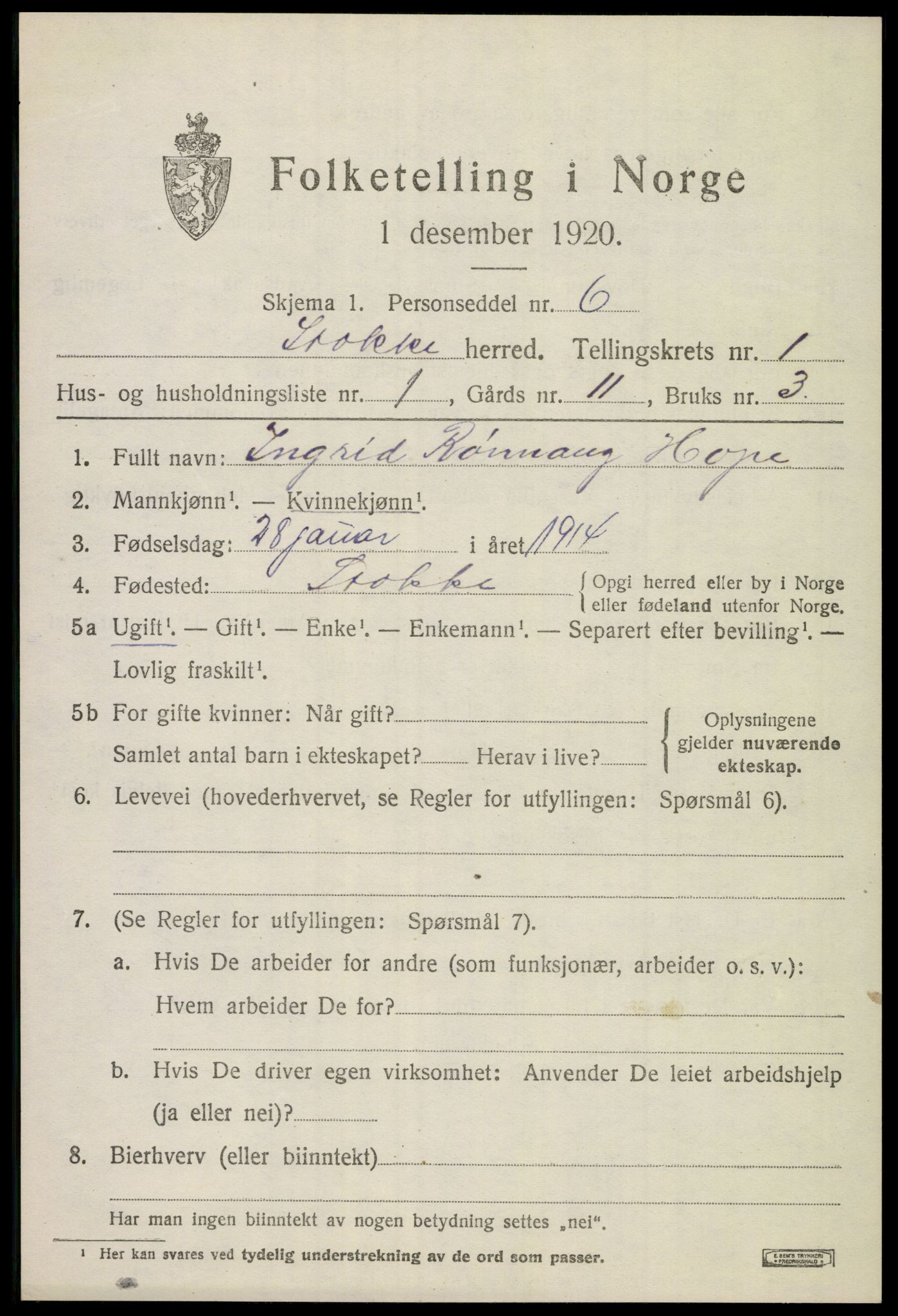 SAKO, 1920 census for Stokke, 1920, p. 2046