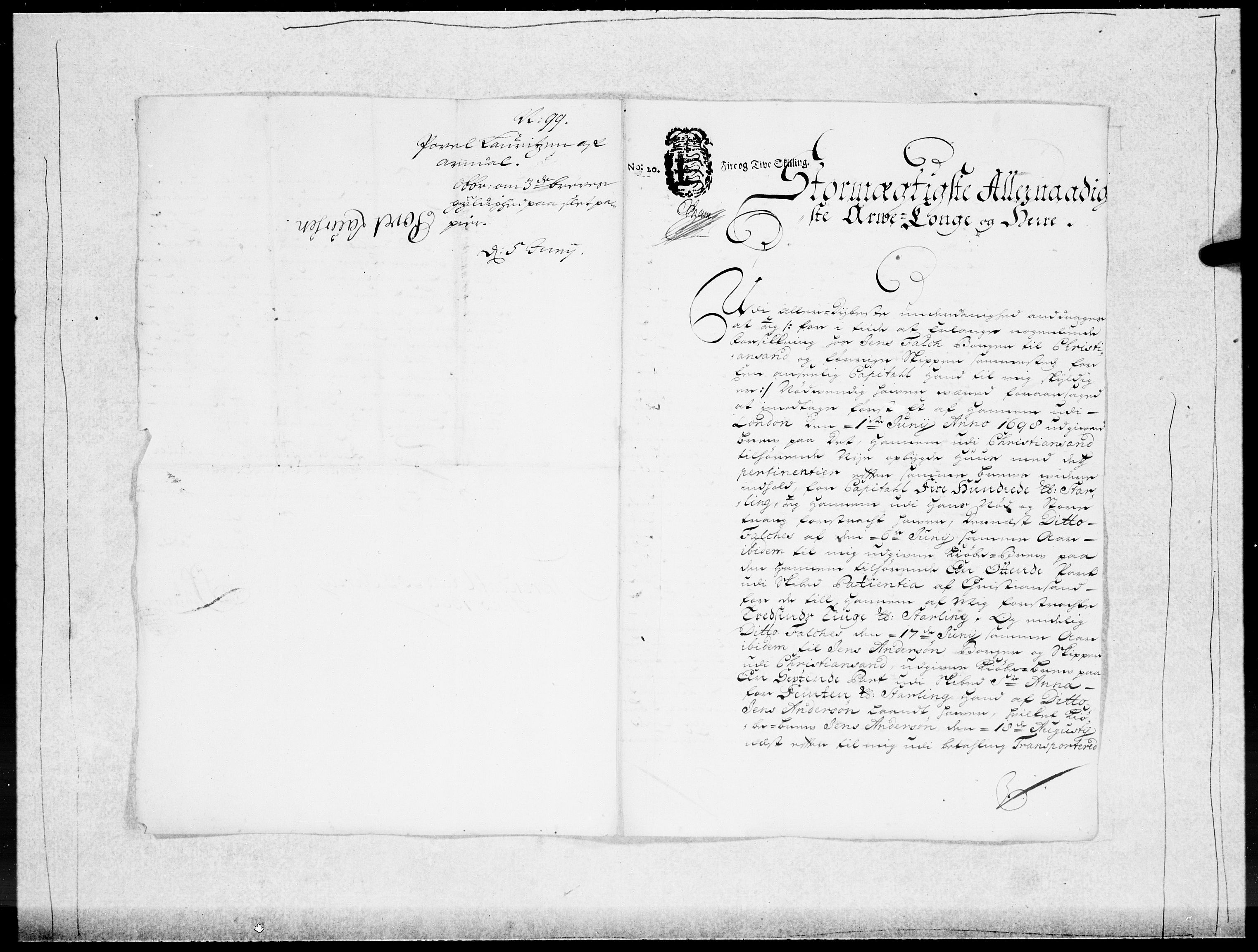 Danske Kanselli 1572-1799, RA/EA-3023/F/Fc/Fcc/Fcca/L0049: Norske innlegg 1572-1799, 1699-1700, p. 1