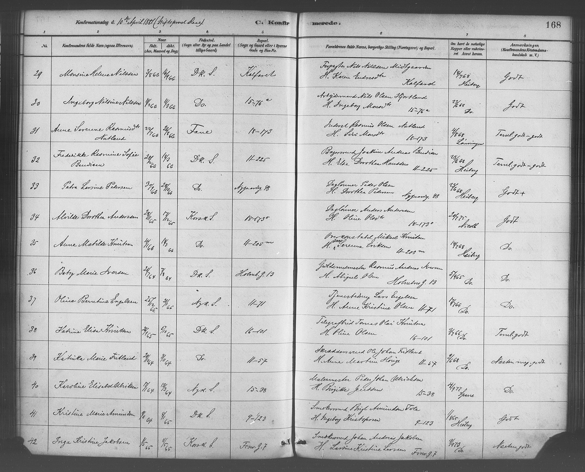 Domkirken sokneprestembete, SAB/A-74801/H/Haa/L0030: Parish register (official) no. C 5, 1880-1898, p. 168