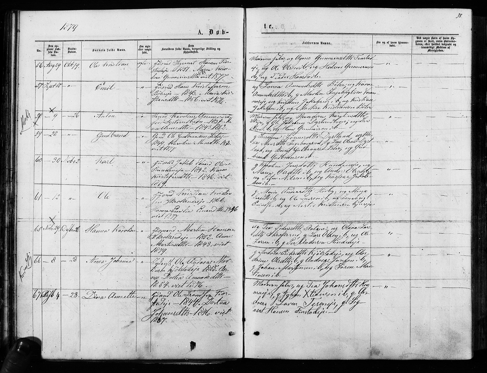 Nes prestekontor Kirkebøker, AV/SAO-A-10410/F/Fa/L0009: Parish register (official) no. I 9, 1875-1882, p. 38