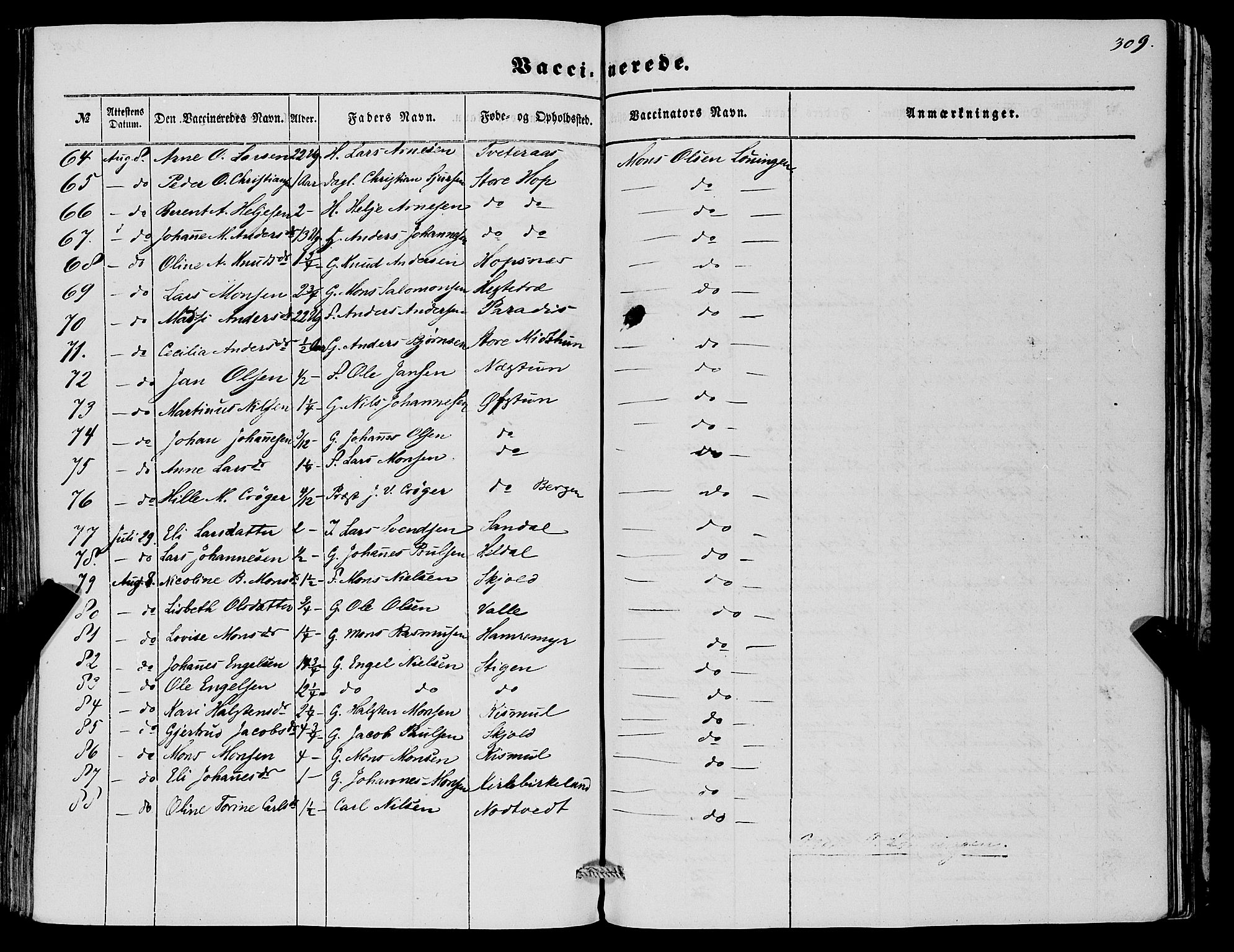 Fana Sokneprestembete, AV/SAB-A-75101/H/Haa/Haaa/L0011: Parish register (official) no. A 11, 1851-1862, p. 309