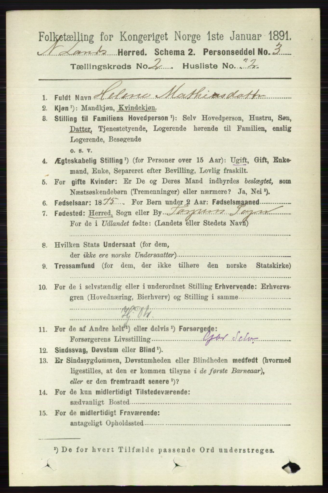 RA, 1891 census for 0538 Nordre Land, 1891, p. 772