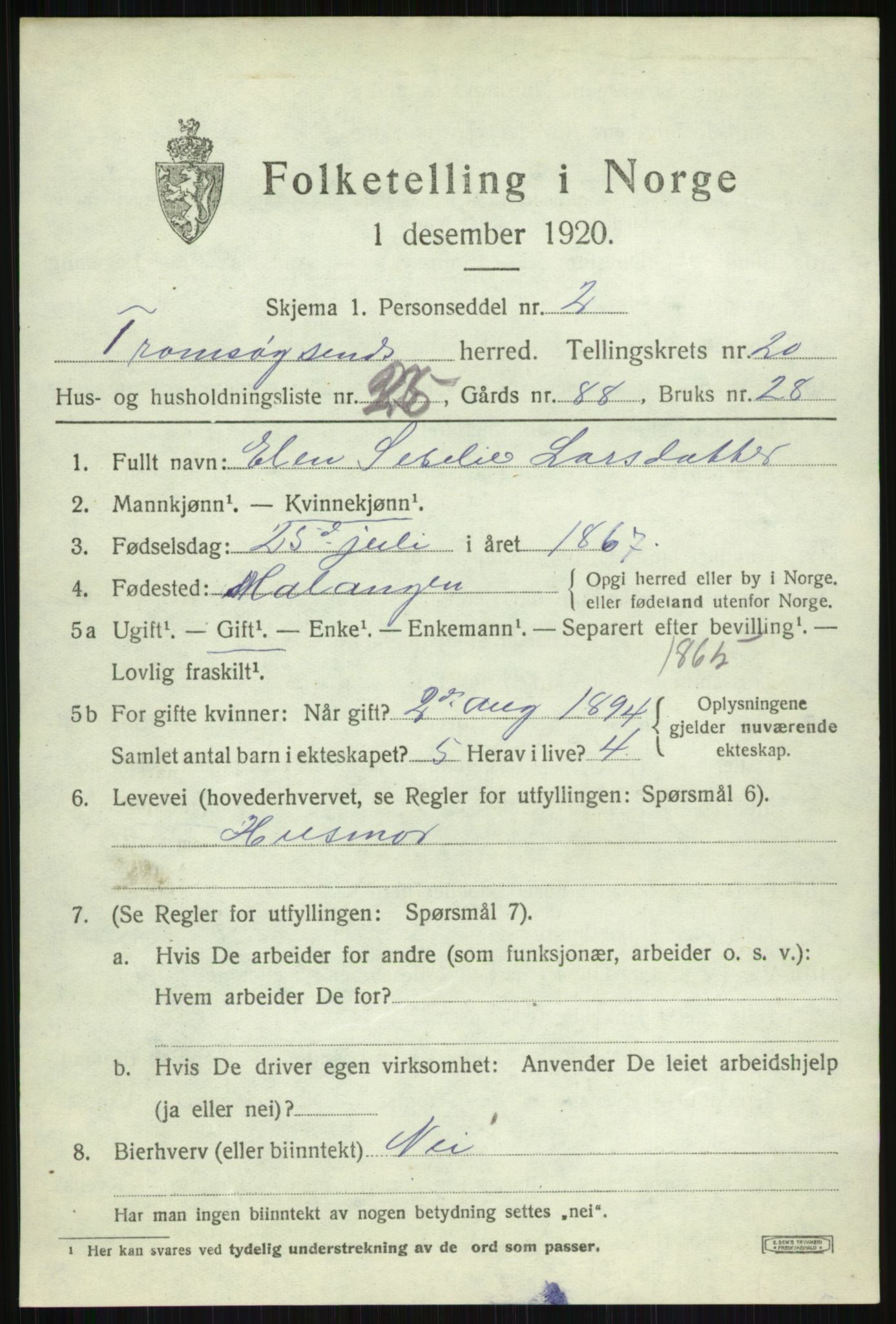 SATØ, 1920 census for Tromsøysund, 1920, p. 10920