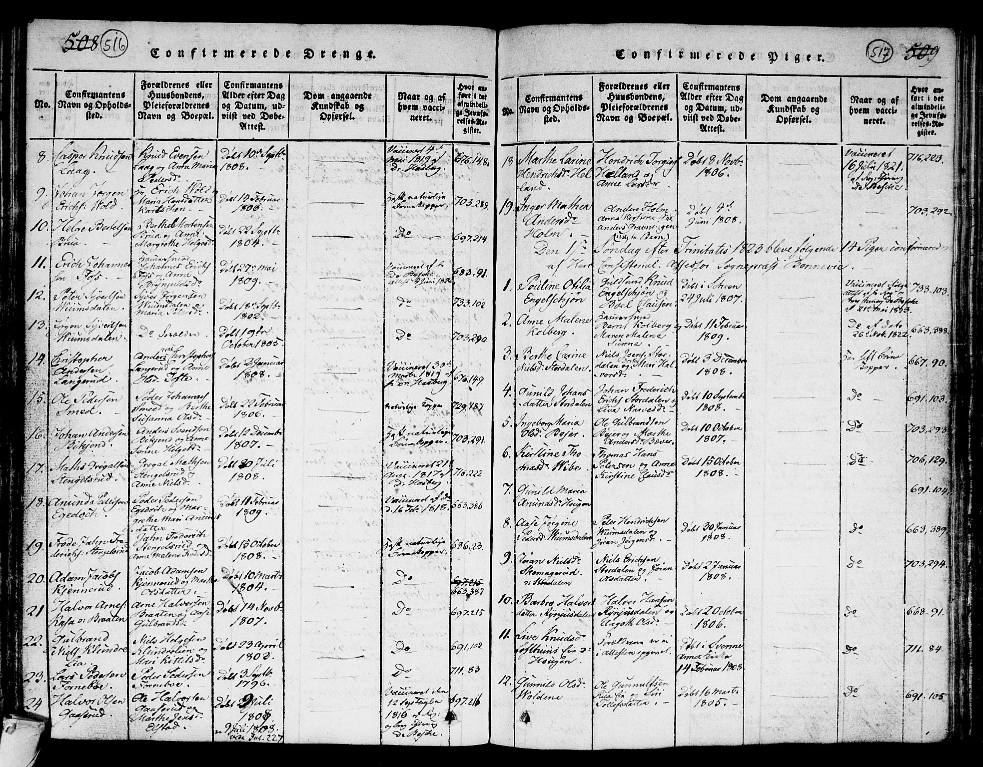 Kongsberg kirkebøker, AV/SAKO-A-22/G/Ga/L0001: Parish register (copy) no. 1, 1816-1839, p. 516-517