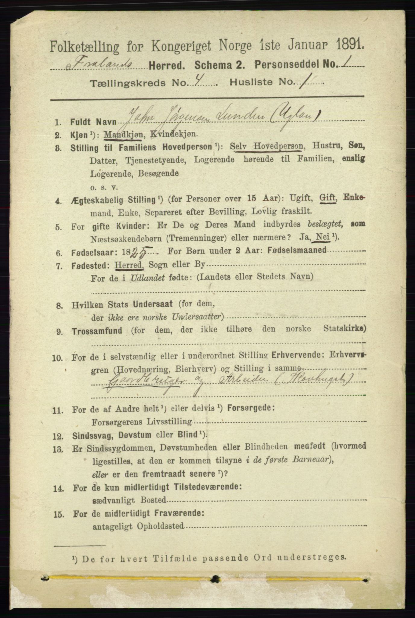 RA, 1891 census for 0919 Froland, 1891, p. 1387