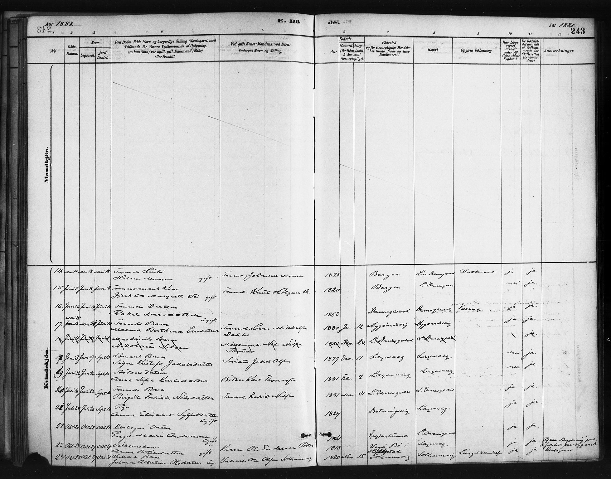 Askøy Sokneprestembete, SAB/A-74101/H/Ha/Haa/Haae/L0002: Parish register (official) no. E 2, 1878-1891, p. 243