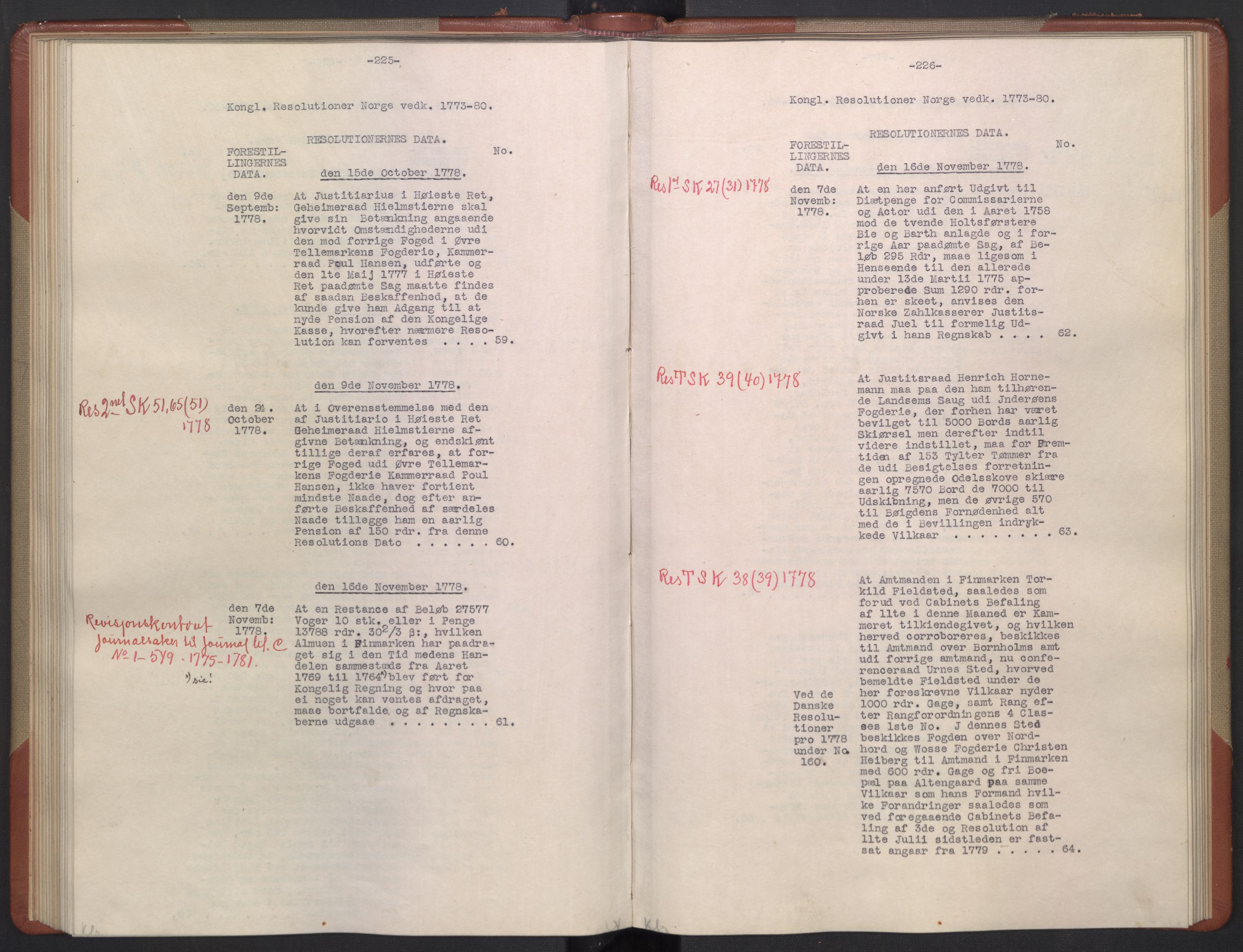 Avskriftsamlingen, AV/RA-EA-4022/F/Fb/L0122: Registratur over norske Relasjons- og resolusjonsprotokoller, 1773-1780, p. 71