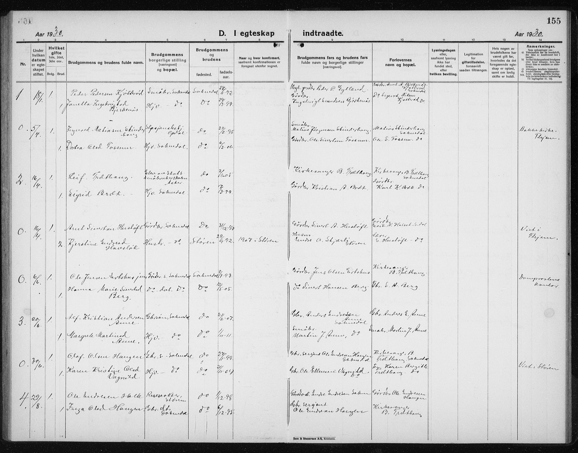 Ministerialprotokoller, klokkerbøker og fødselsregistre - Sør-Trøndelag, SAT/A-1456/689/L1045: Parish register (copy) no. 689C04, 1923-1940, p. 155