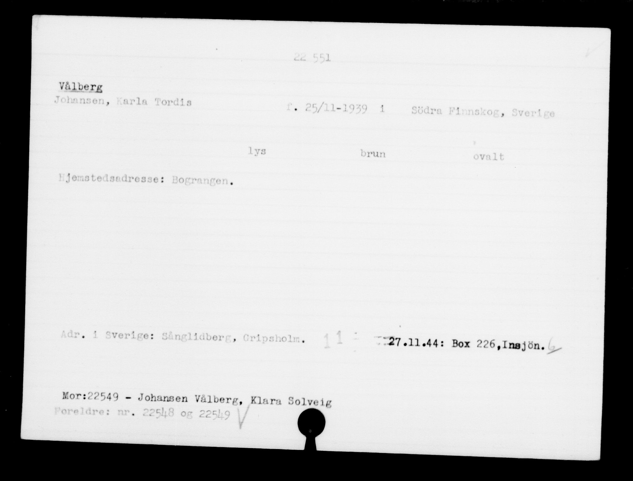 Den Kgl. Norske Legasjons Flyktningskontor, RA/S-6753/V/Va/L0010: Kjesäterkartoteket.  Flyktningenr. 22000-25314, 1940-1945, p. 607