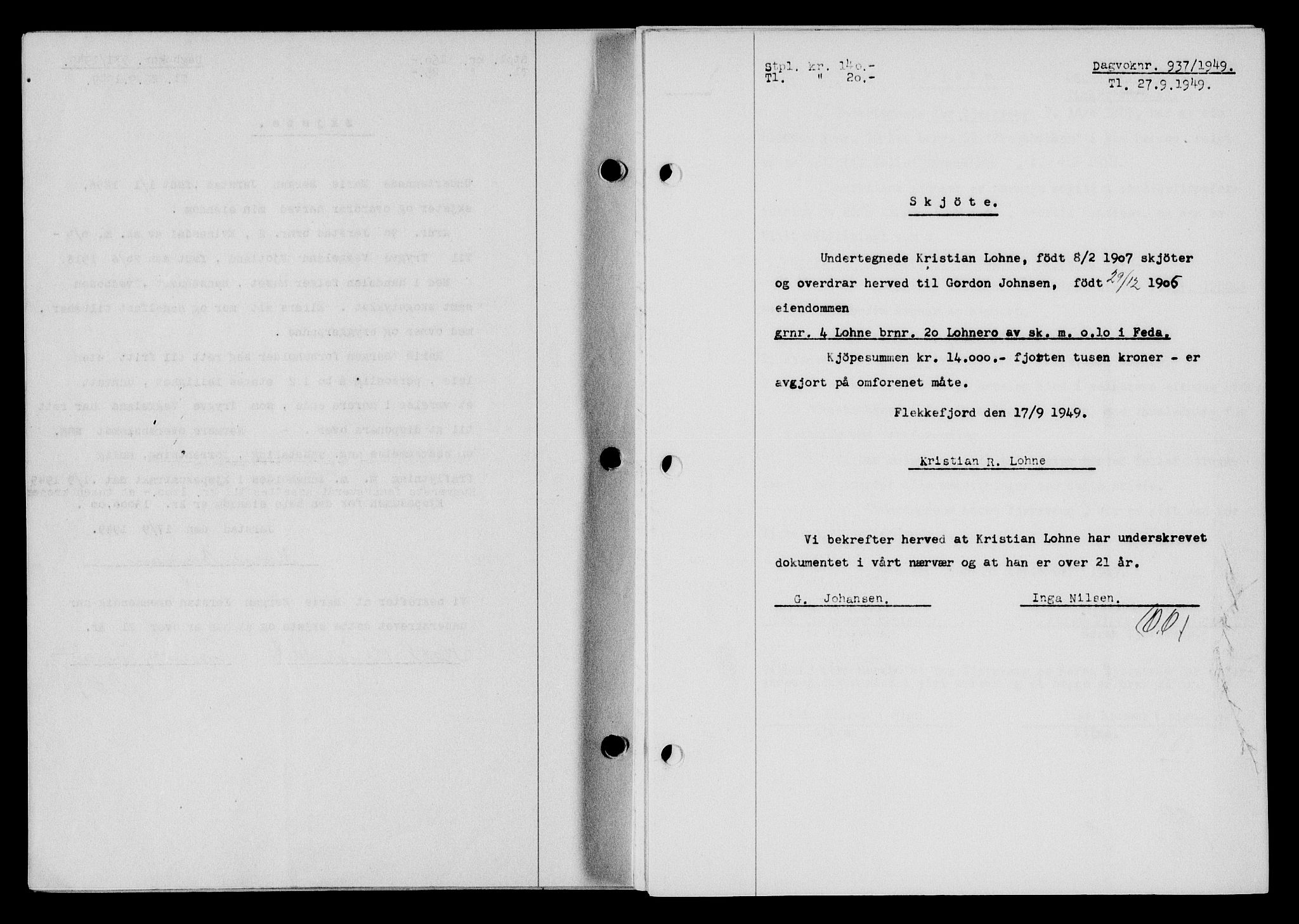 Flekkefjord sorenskriveri, SAK/1221-0001/G/Gb/Gba/L0065: Mortgage book no. A-13, 1949-1949, Diary no: : 937/1949