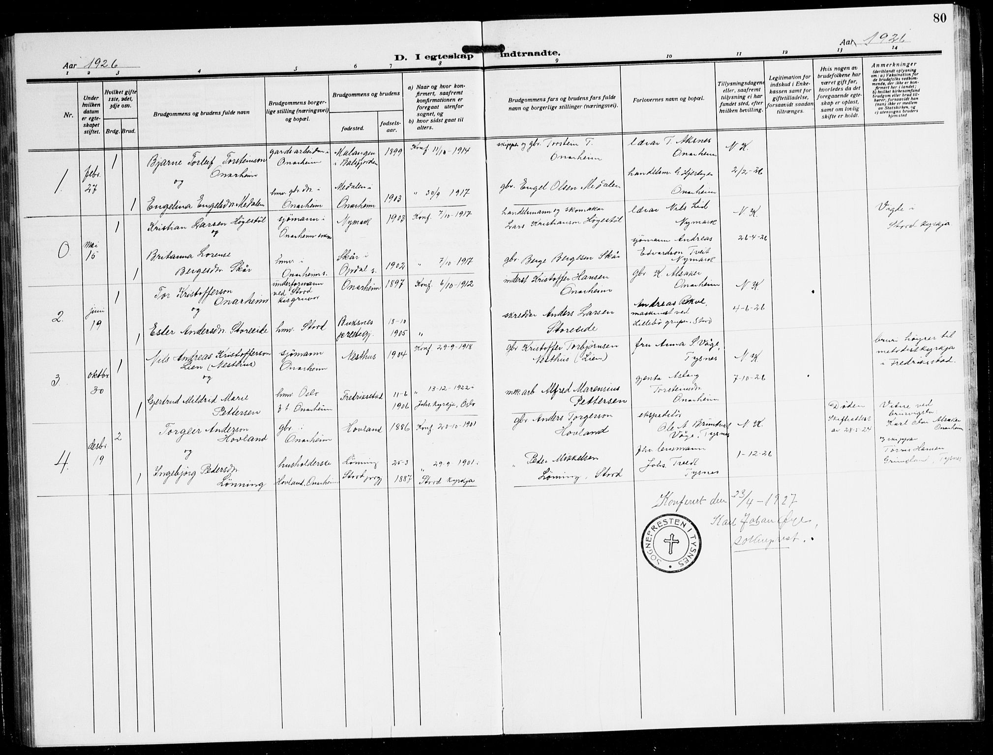 Tysnes sokneprestembete, AV/SAB-A-78601/H/Hab: Parish register (copy) no. C 4, 1925-1945, p. 80